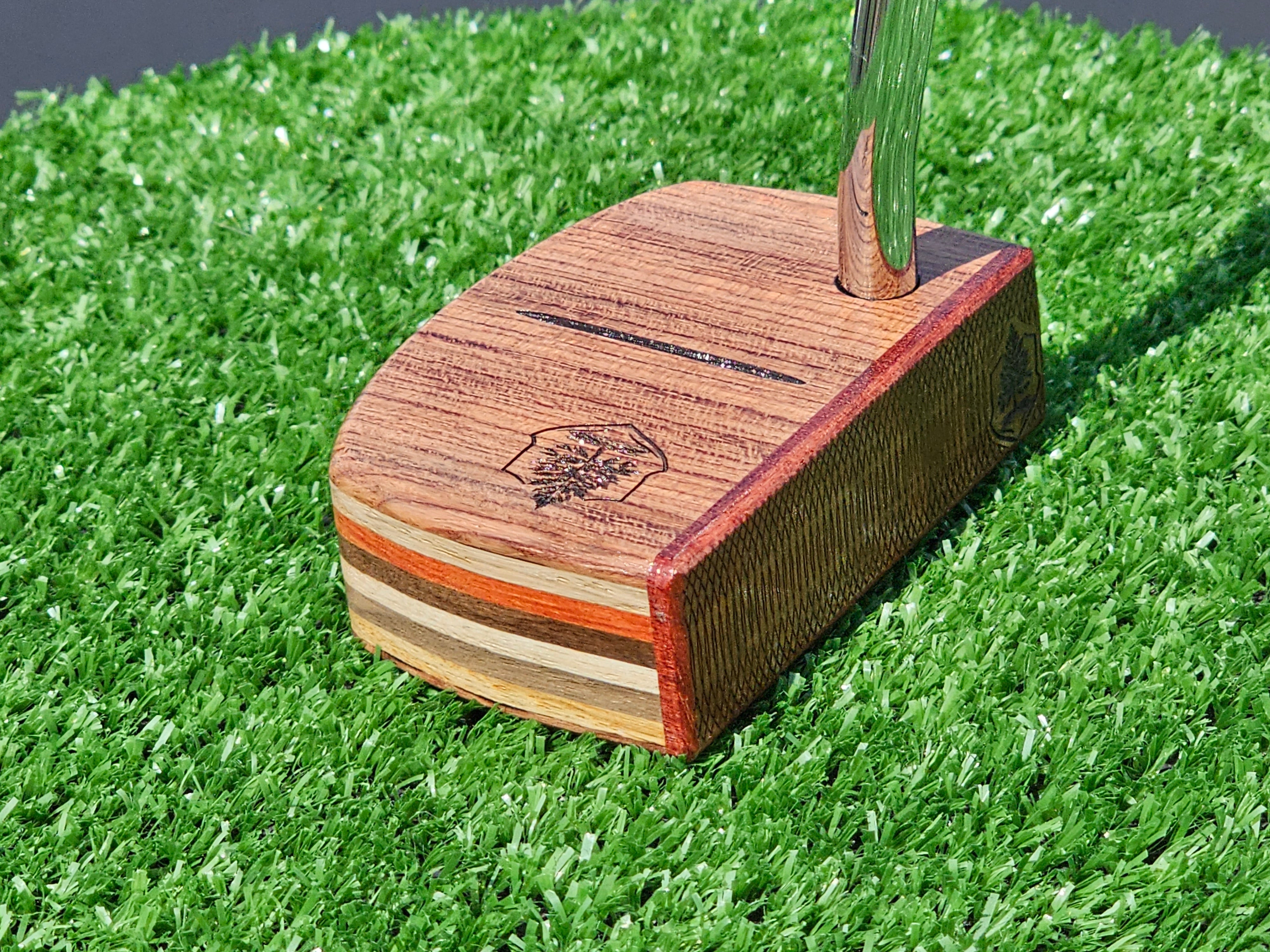 Golf ball and putter face at address on the green