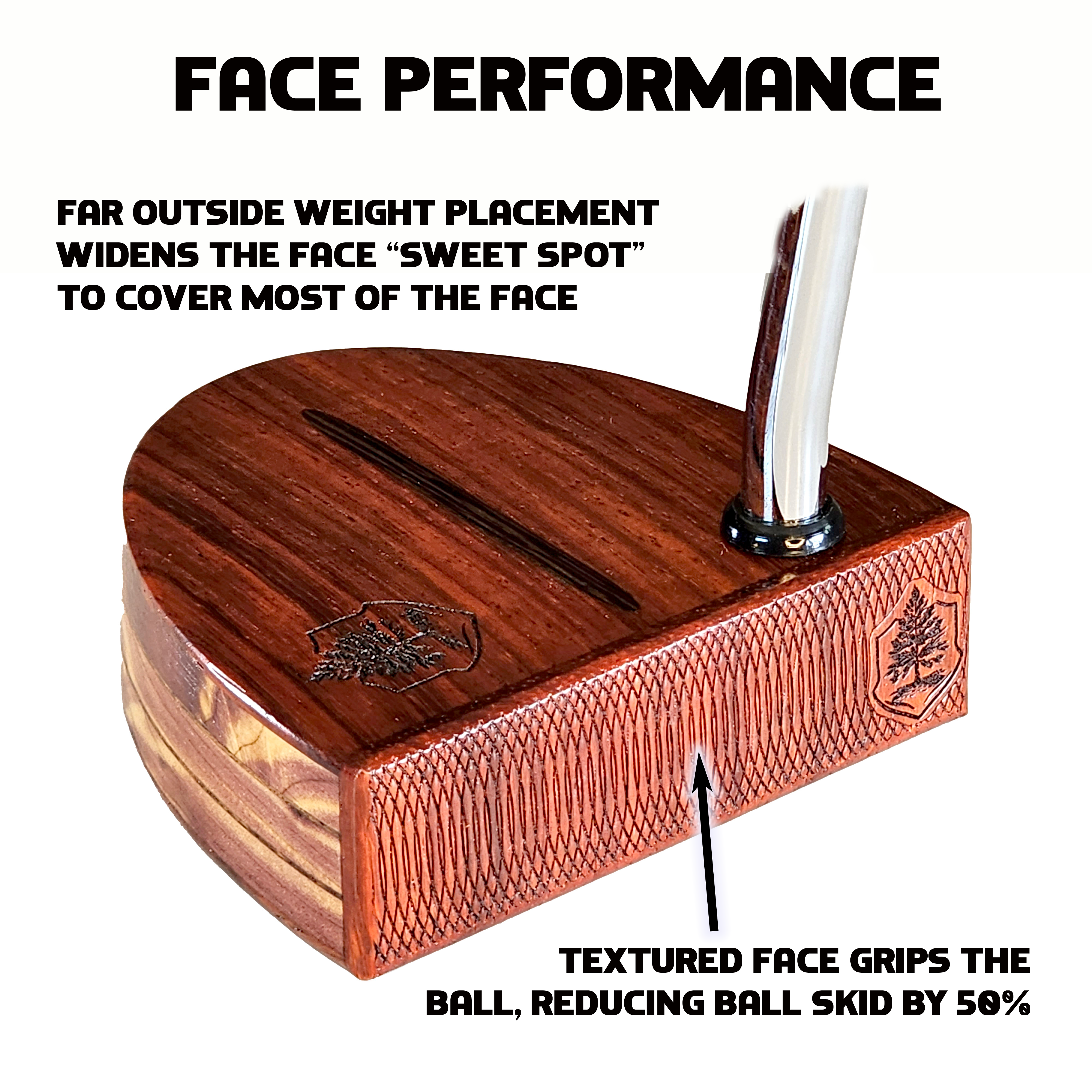 Engraved skid-reducing face on a TimberTouch wood putter
