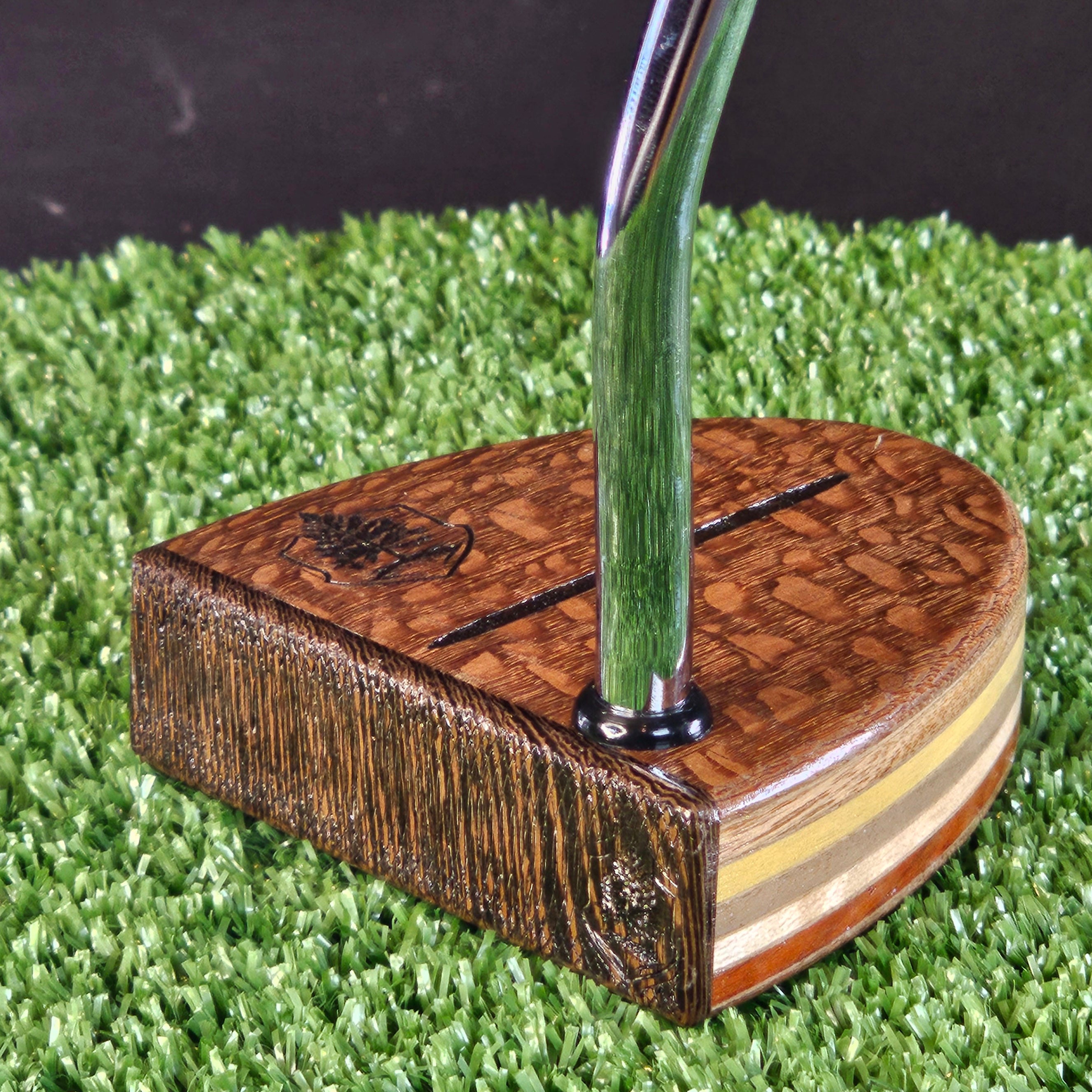 Lacewood exotic wood putter with Wenge wood face and various exotic wood layers