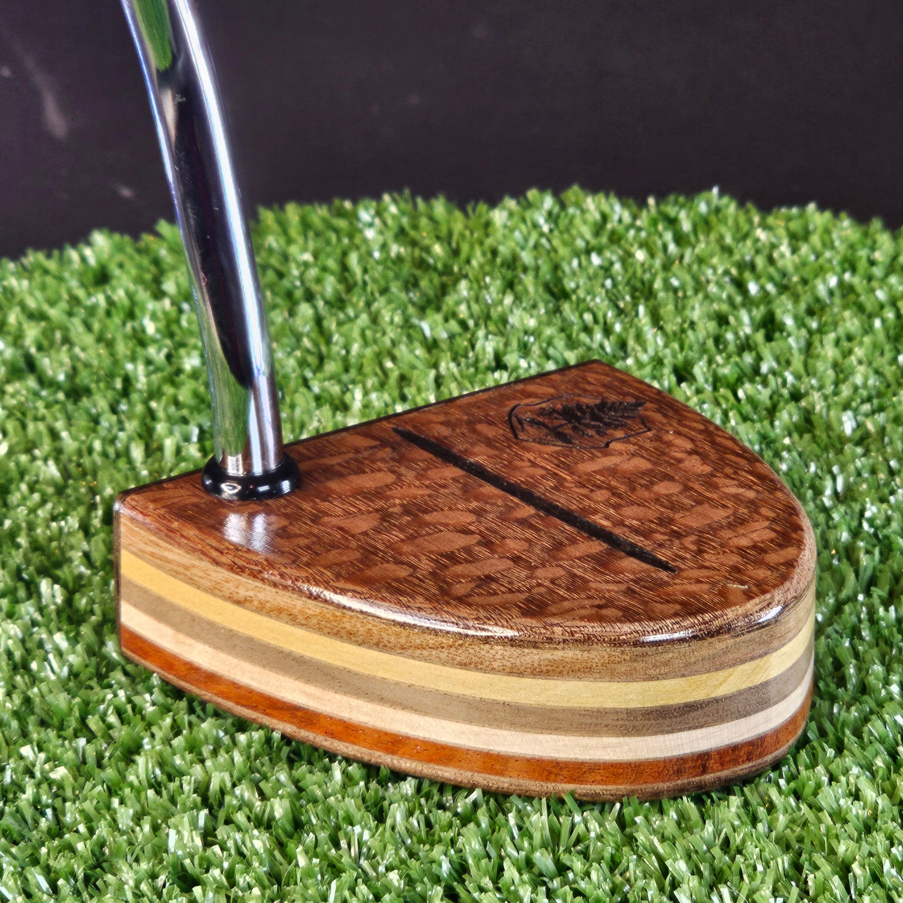 Lacewood exotic wood putter with Wenge wood face and various exotic wood layers