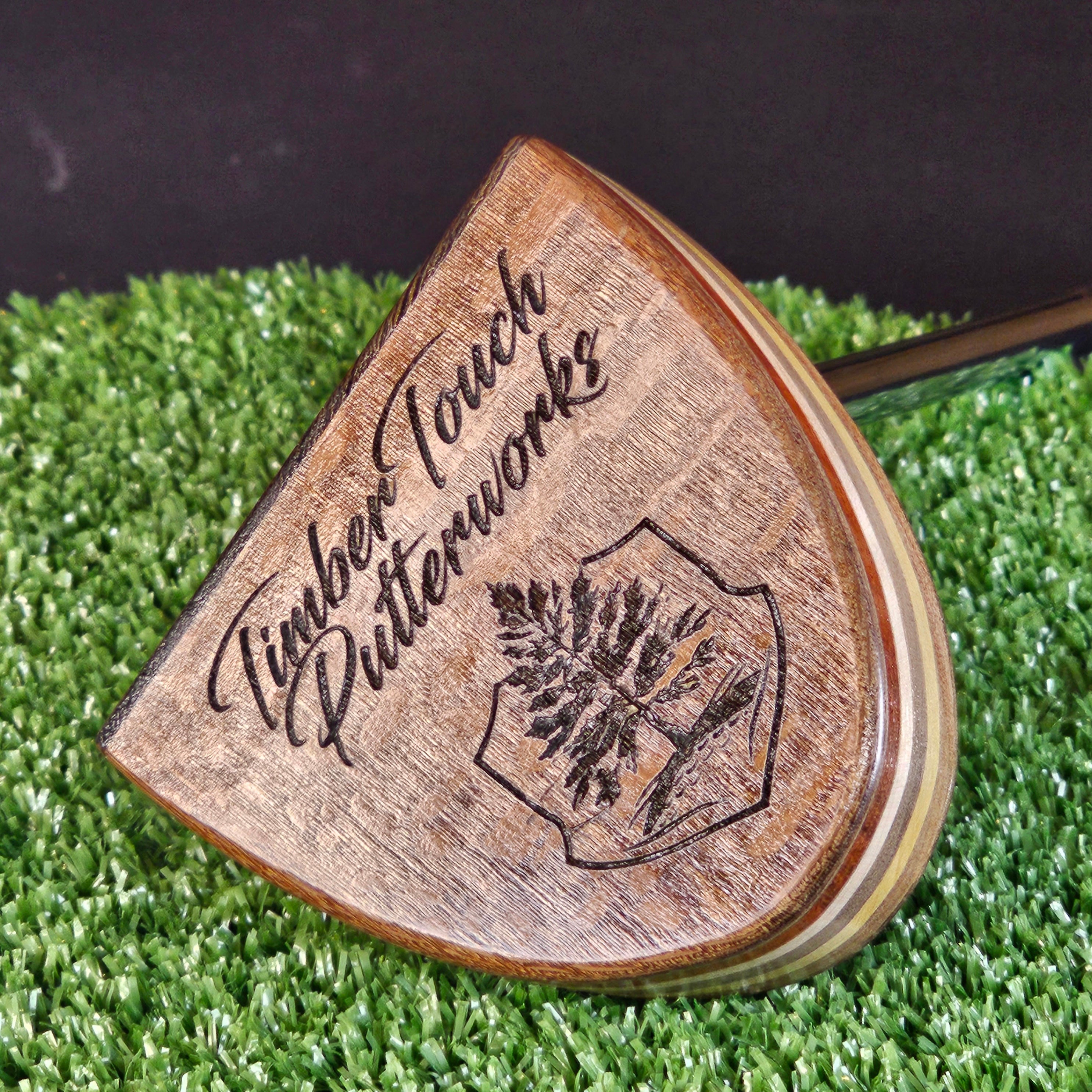Lacewood exotic wood putter with Wenge wood face and various exotic wood layers