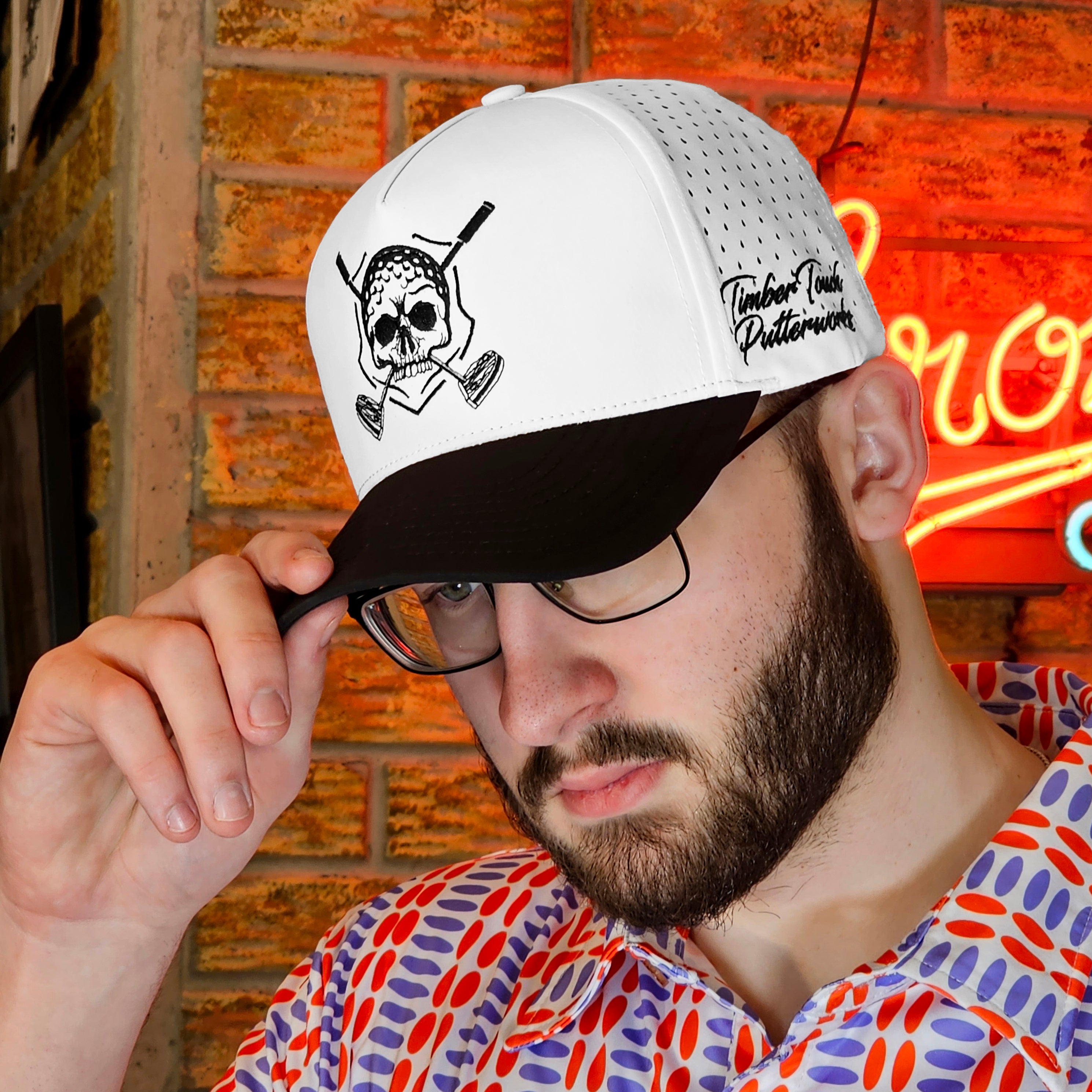 Premium DimpleHead Skull logo white cap with premium black bill and stitching