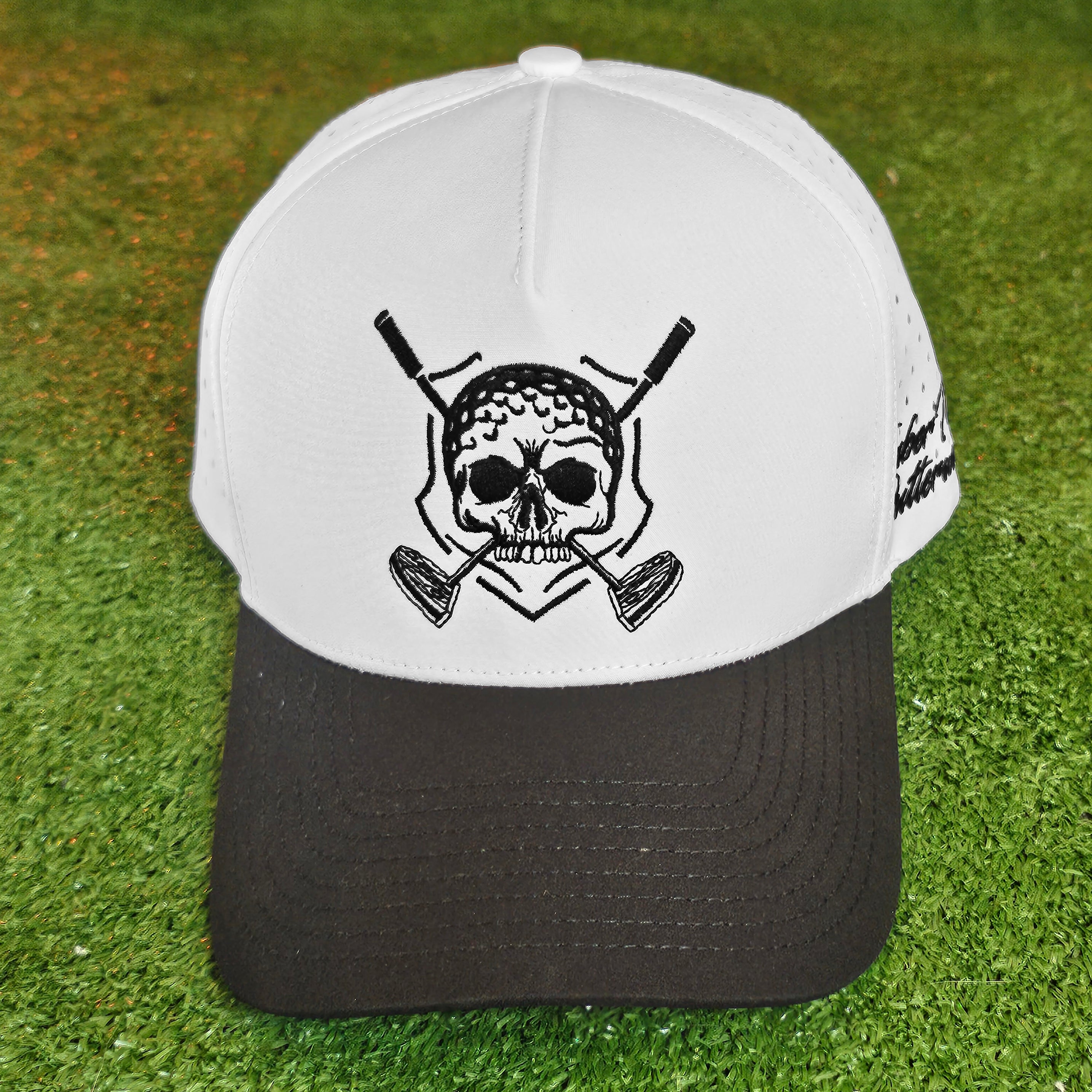 Premium DimpleHead Skull logo white cap with premium black bill and stitching