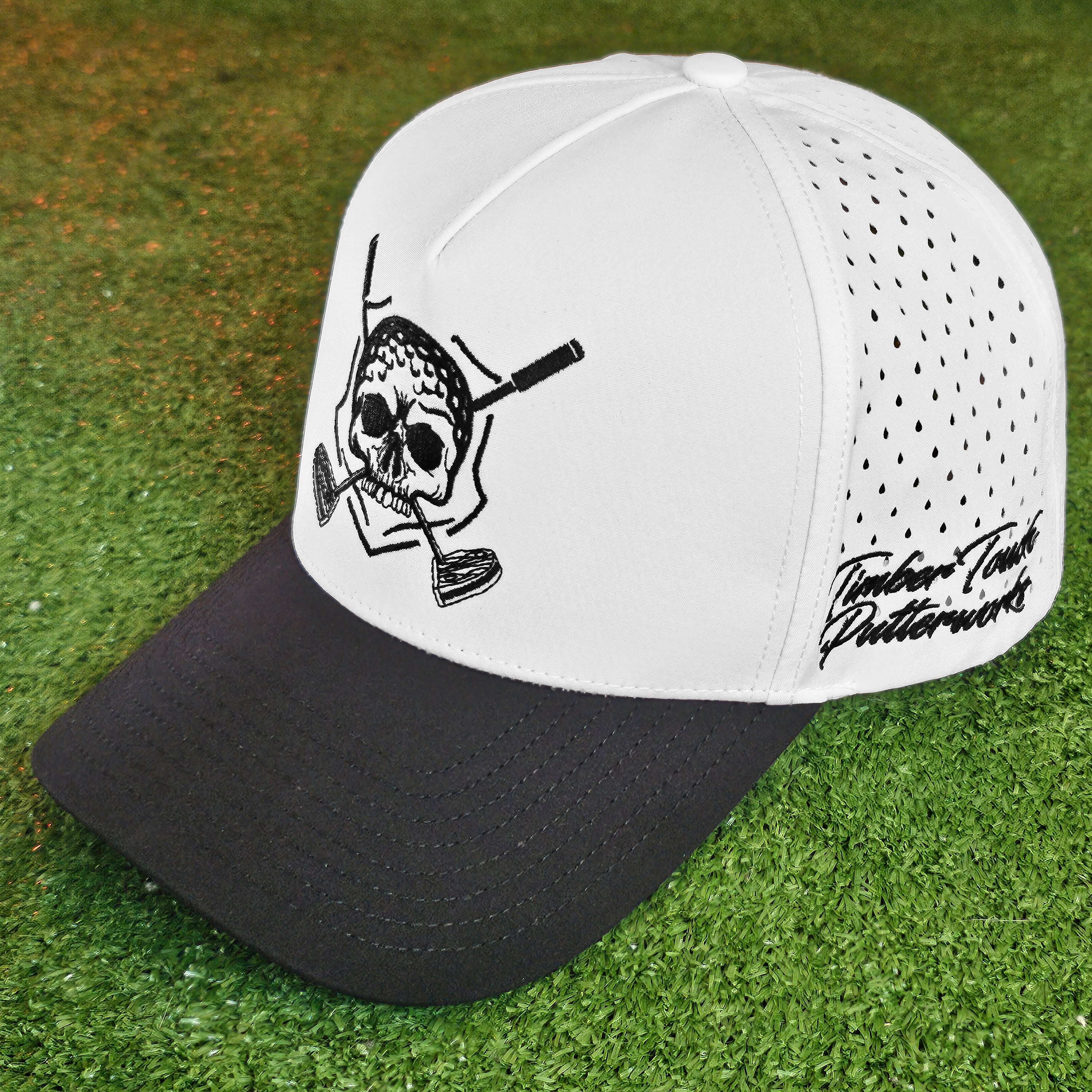 Premium DimpleHead Skull logo white cap with premium black bill and stitching