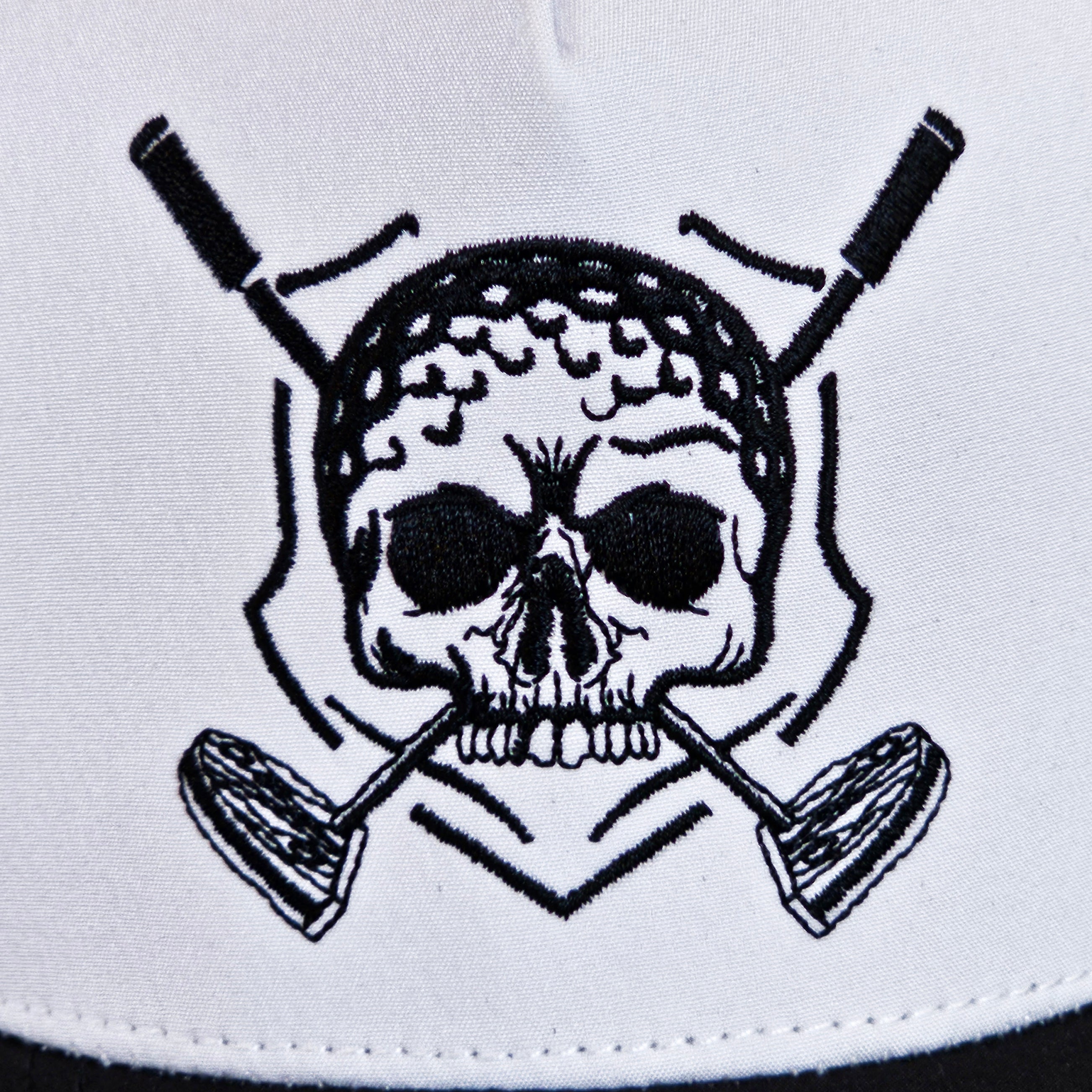 Premium DimpleHead Skull logo white cap with premium black bill and stitching