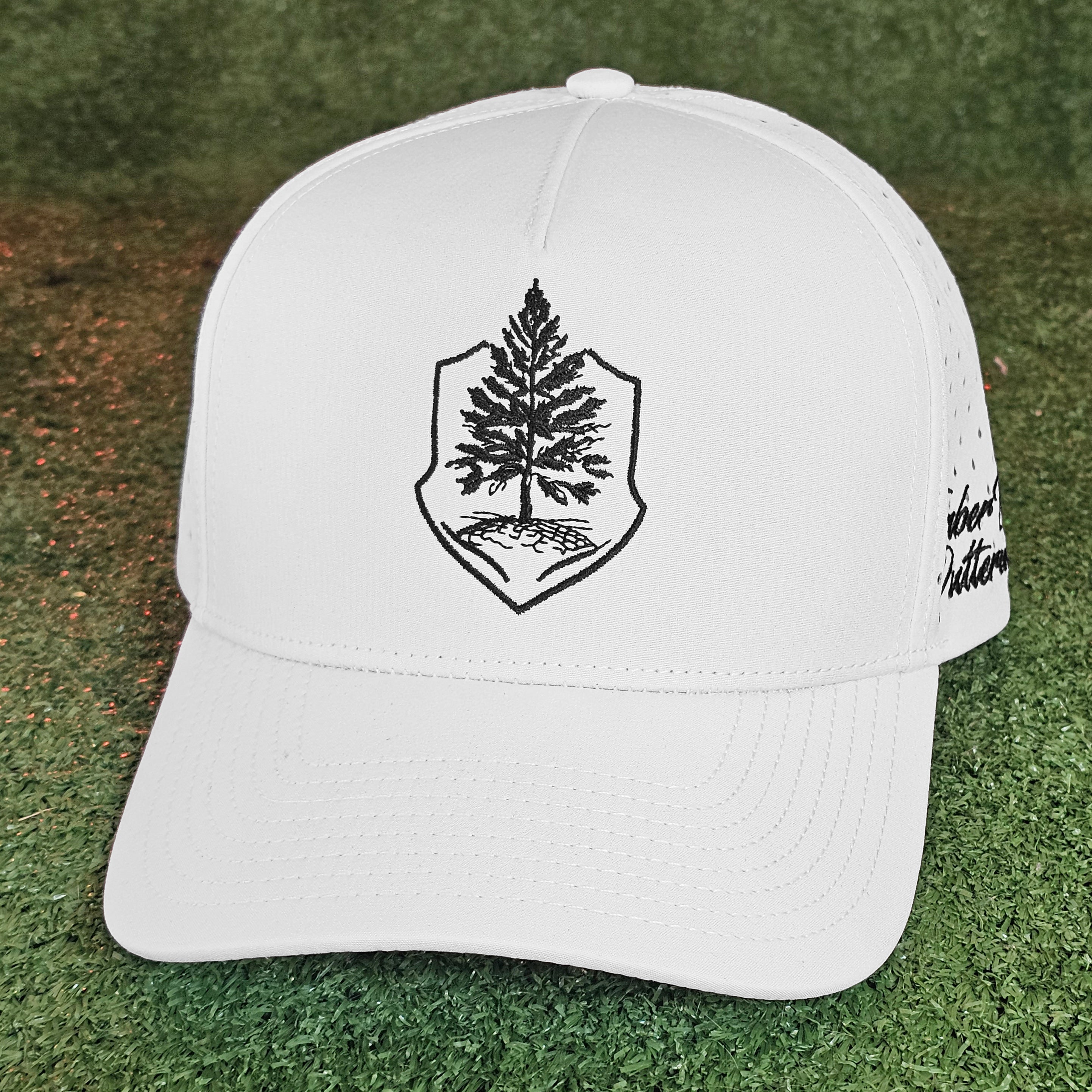 Premium TimberTouch logo white cap with precise black stitching