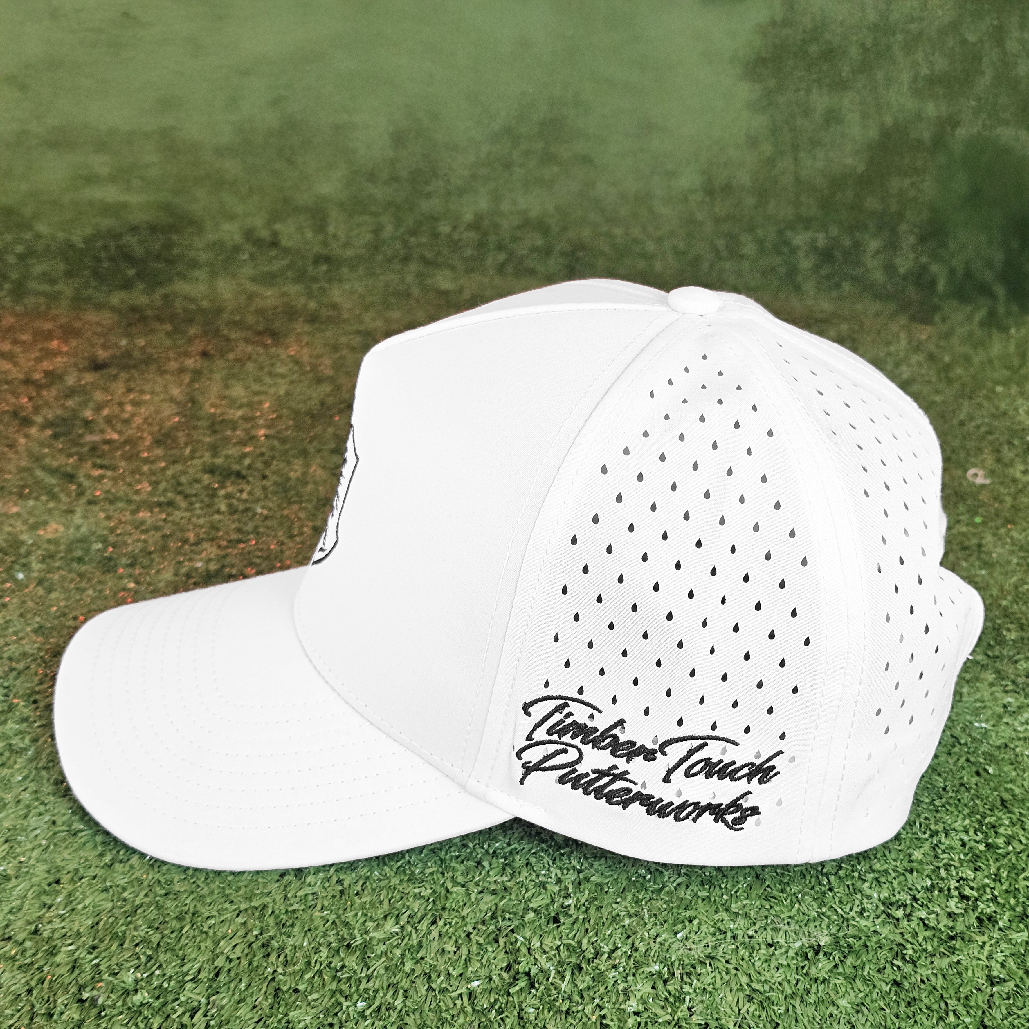 Premium TimberTouch logo white cap with precise black stitching