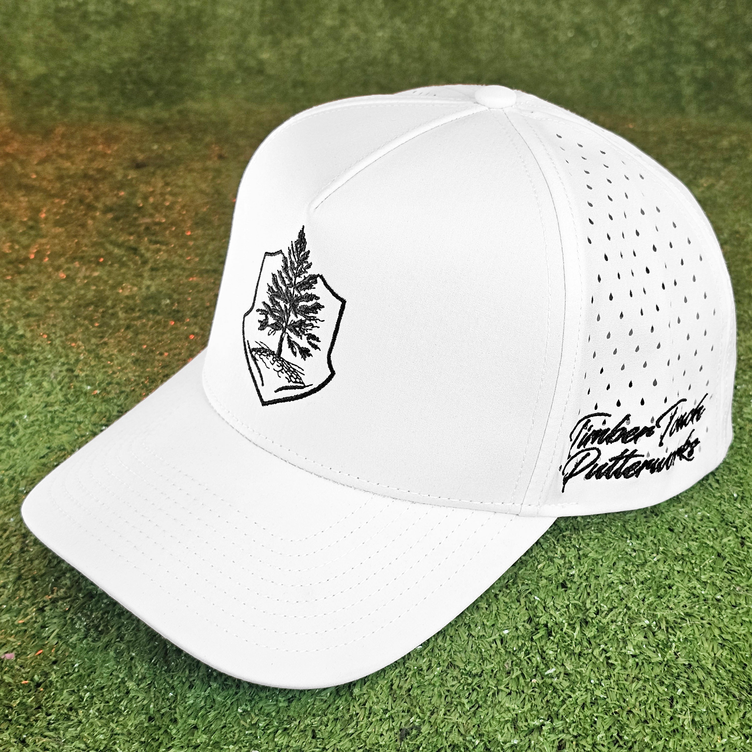 Premium TimberTouch logo white cap with precise black stitching