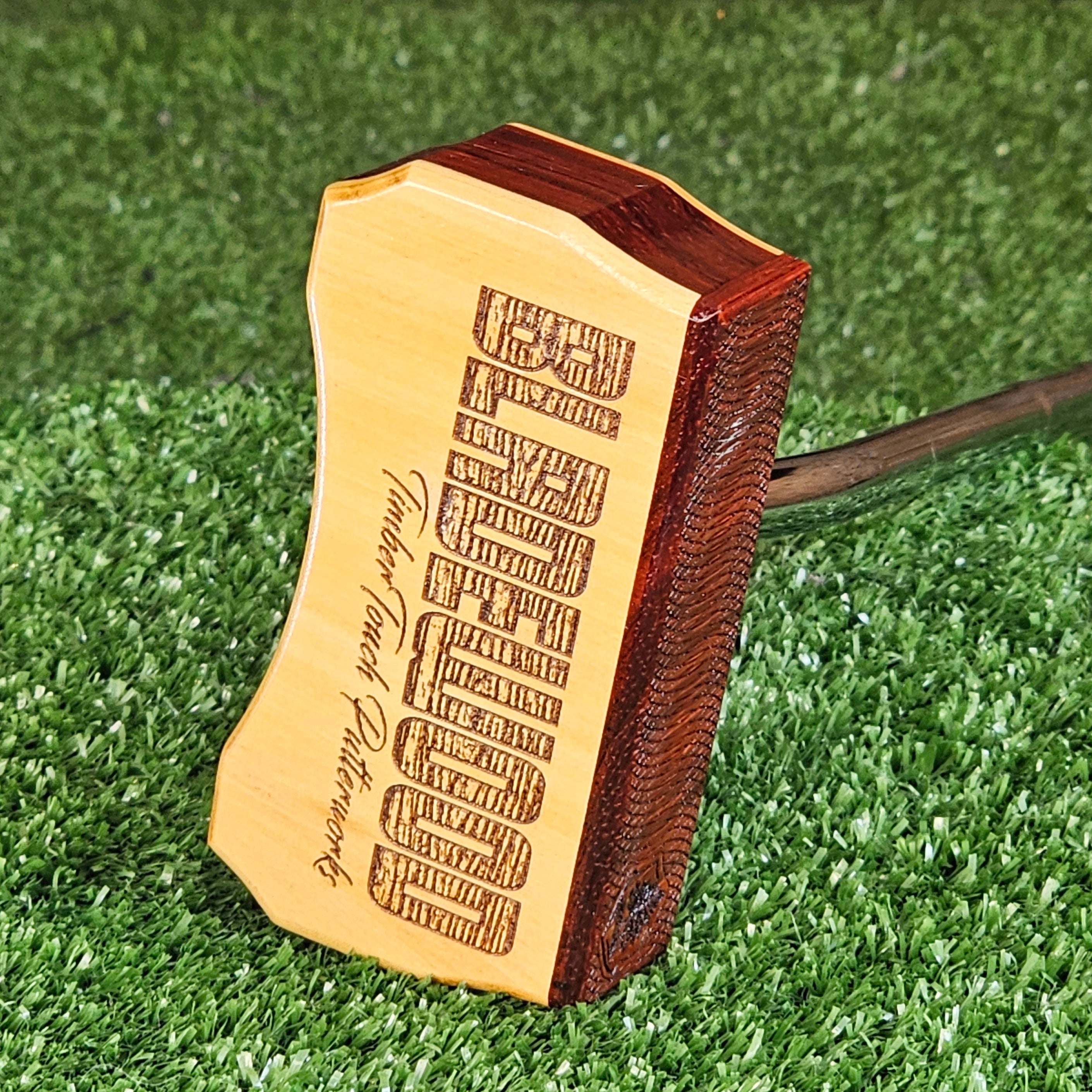 Yellowheart and Padauk exotic wood golf putter center shaft Bladewood style