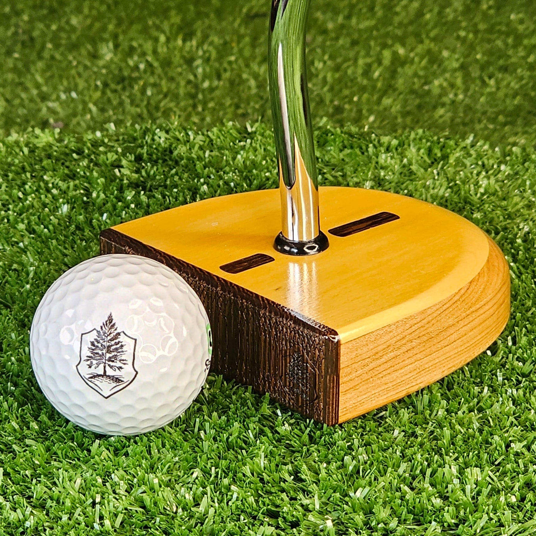 Yellowheart and Red Oak exotic wood putter Zero Torque style with center shaft