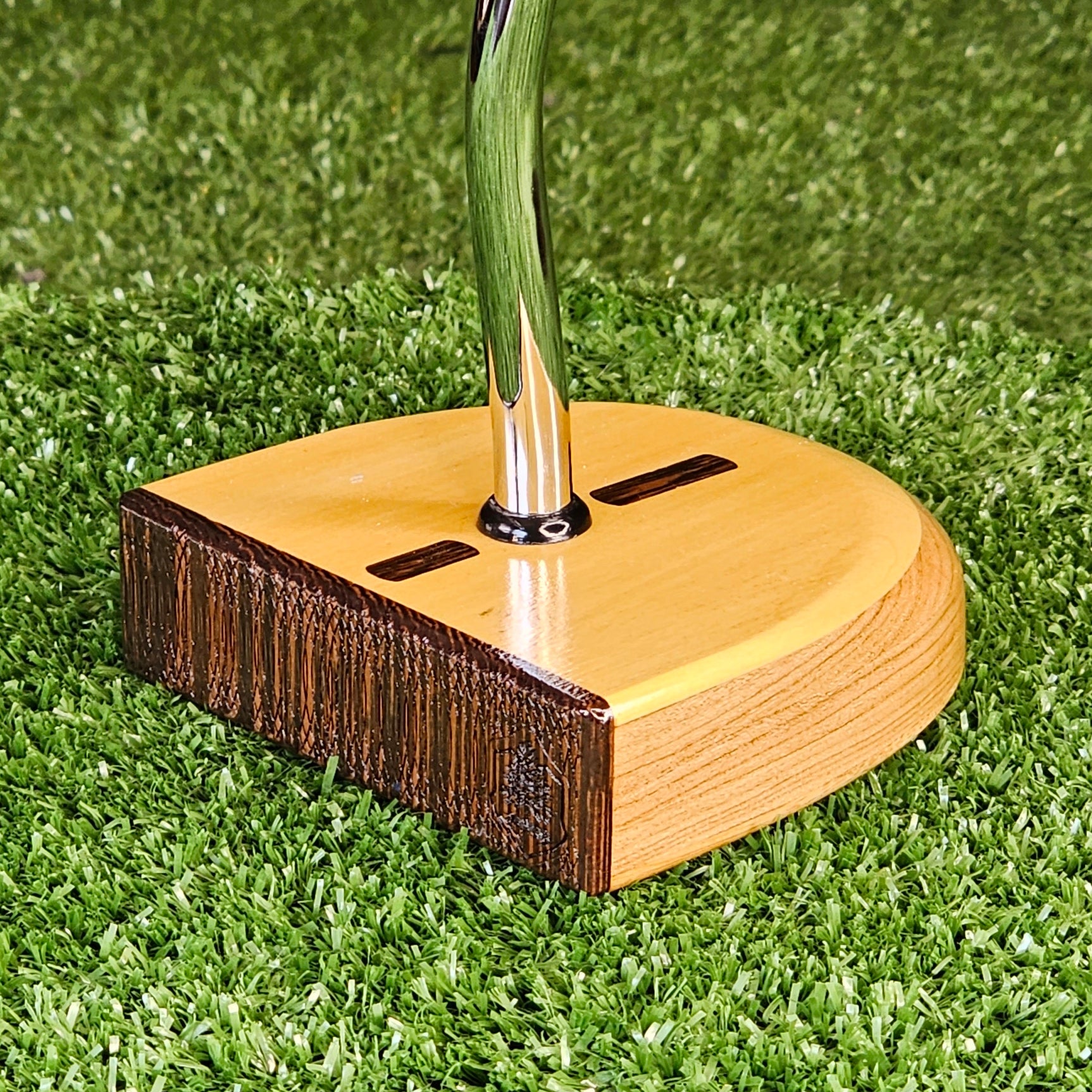 Yellowheart and Red Oak exotic wood putter Zero Torque style with center shaft