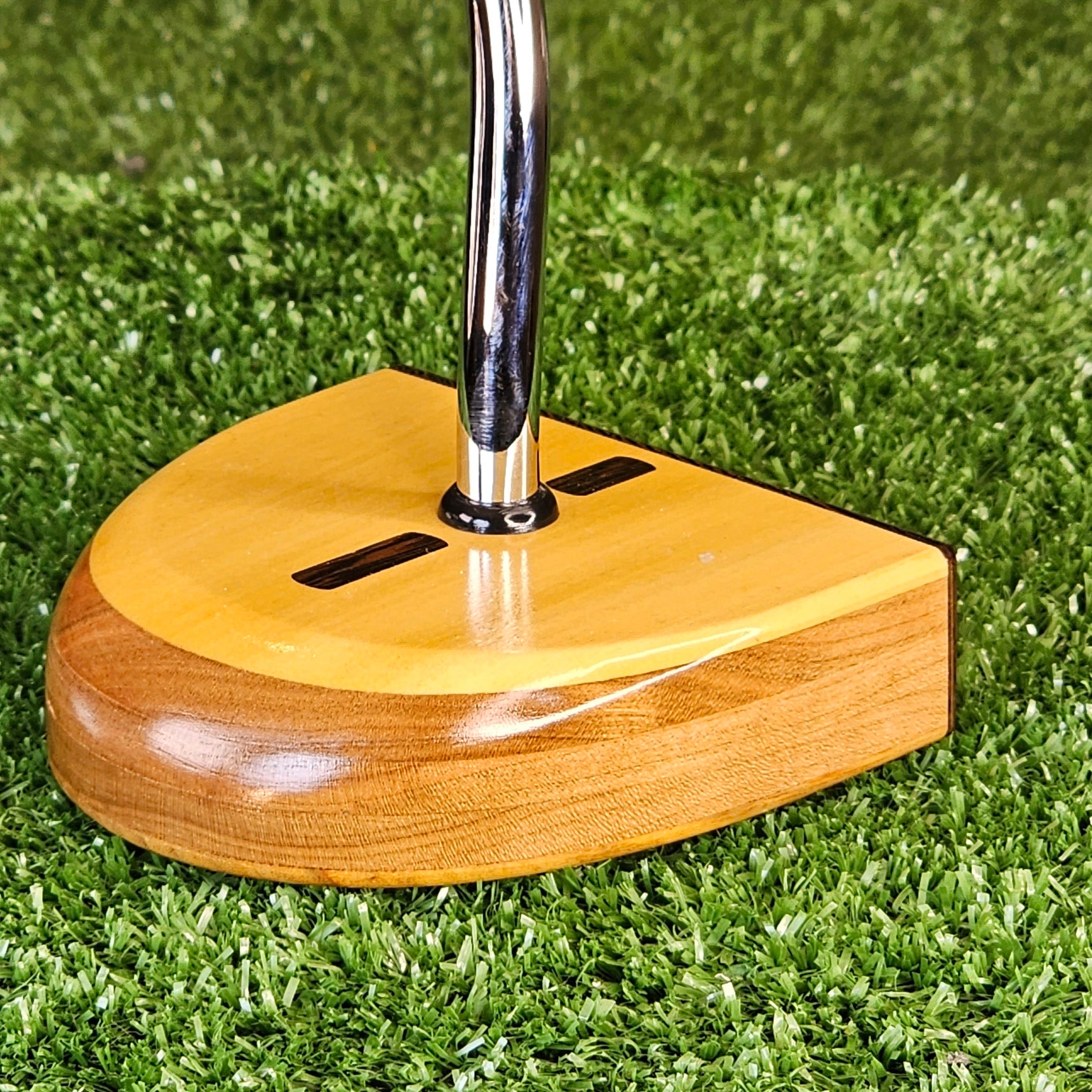 Yellowheart and Red Oak exotic wood putter Zero Torque style with center shaft