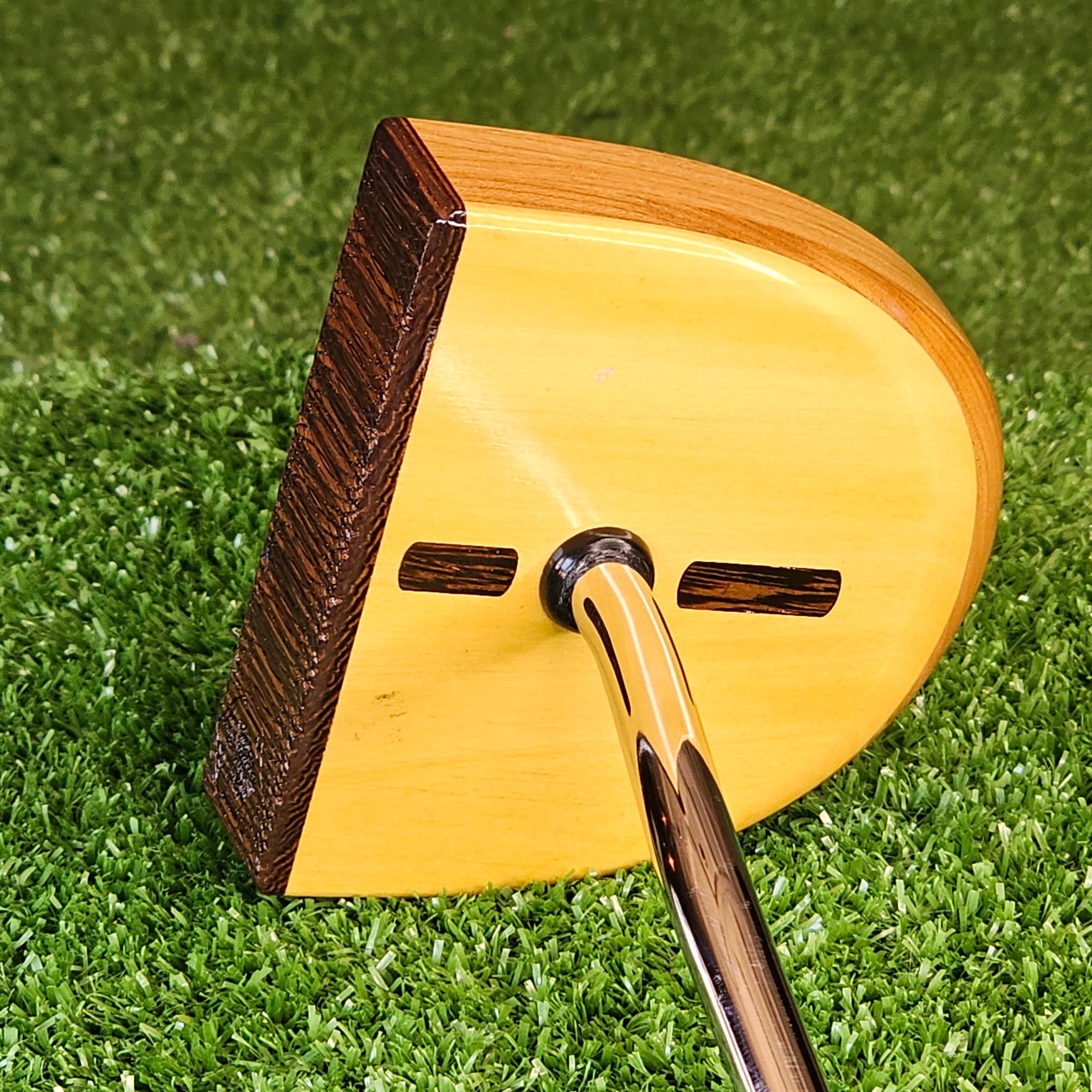 Yellowheart and Red Oak exotic wood putter Zero Torque style with center shaft