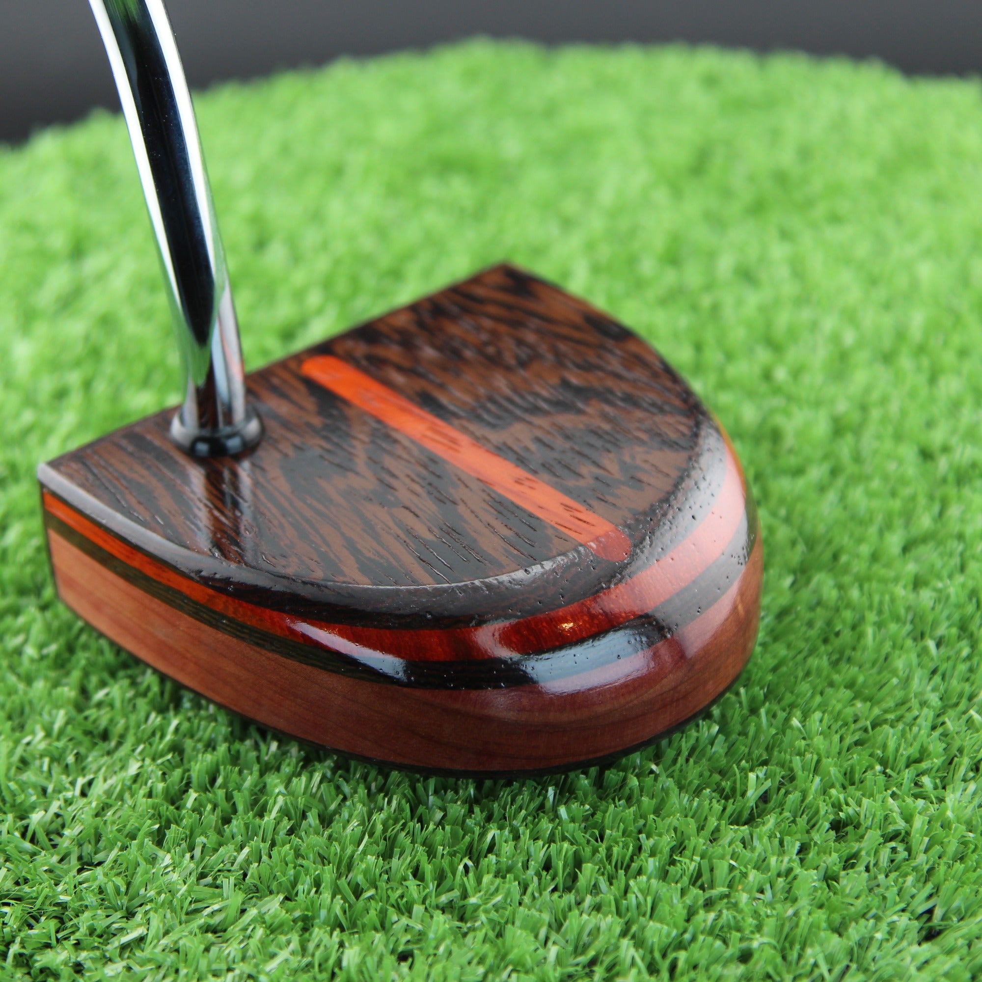 TimberTouch Black Ember Fatty mallet putter in Wenge, Padauk and Cedar - sole and toe angle view