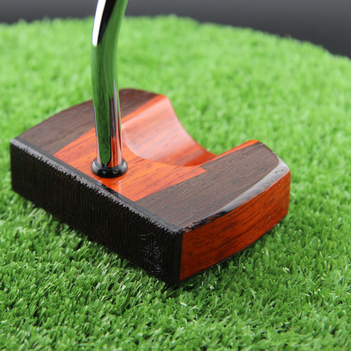 TimberTouch Woodrich putter in Padauk with Wenge inlay, center shaft zero torque - face and heel angle view