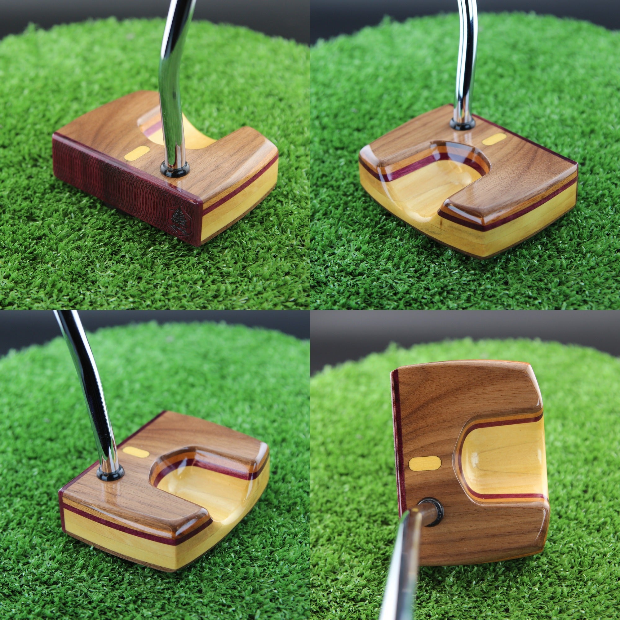 TimberTouch Woodrich wood putter with Yellowheart, Walnut and Canarywood alignment inlay – product collage