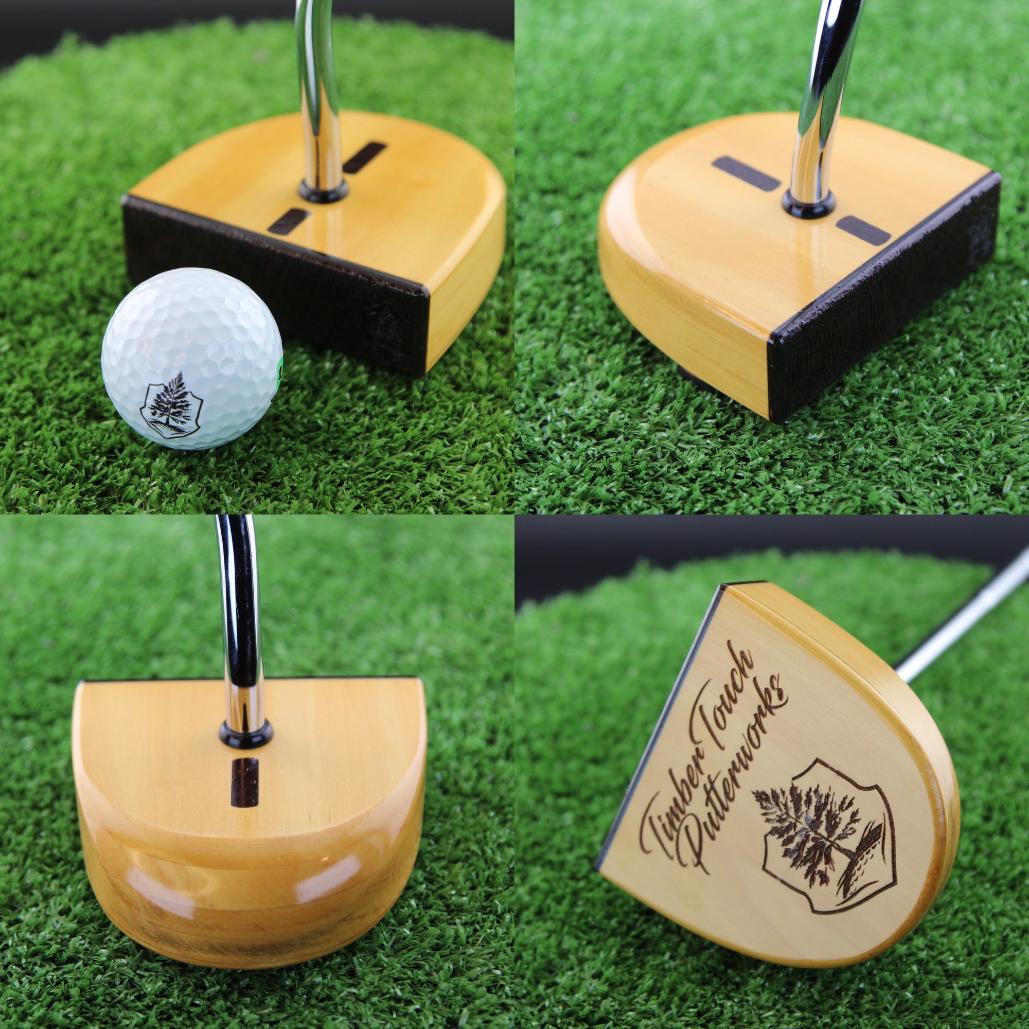 TimberTouch FATTY mallet wood putter with Yellowheart center shaft zero torque – product collage