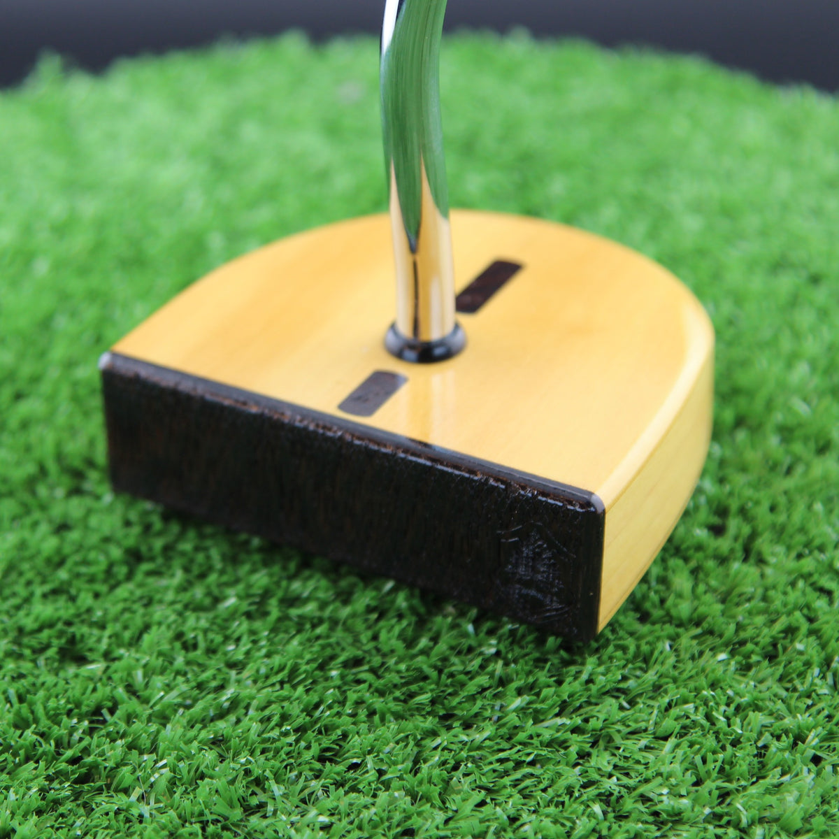 TimberTouch FATTY mallet wood putter with Yellowheart center shaft zero torque – face and heel angle view