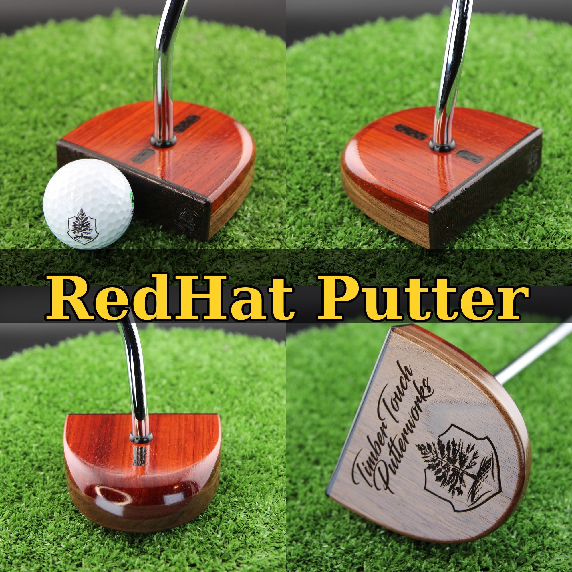 TimberTouch RedHat mallet wood putter with Purpleheart and Padauk center shaft zero torque – product collage with name
