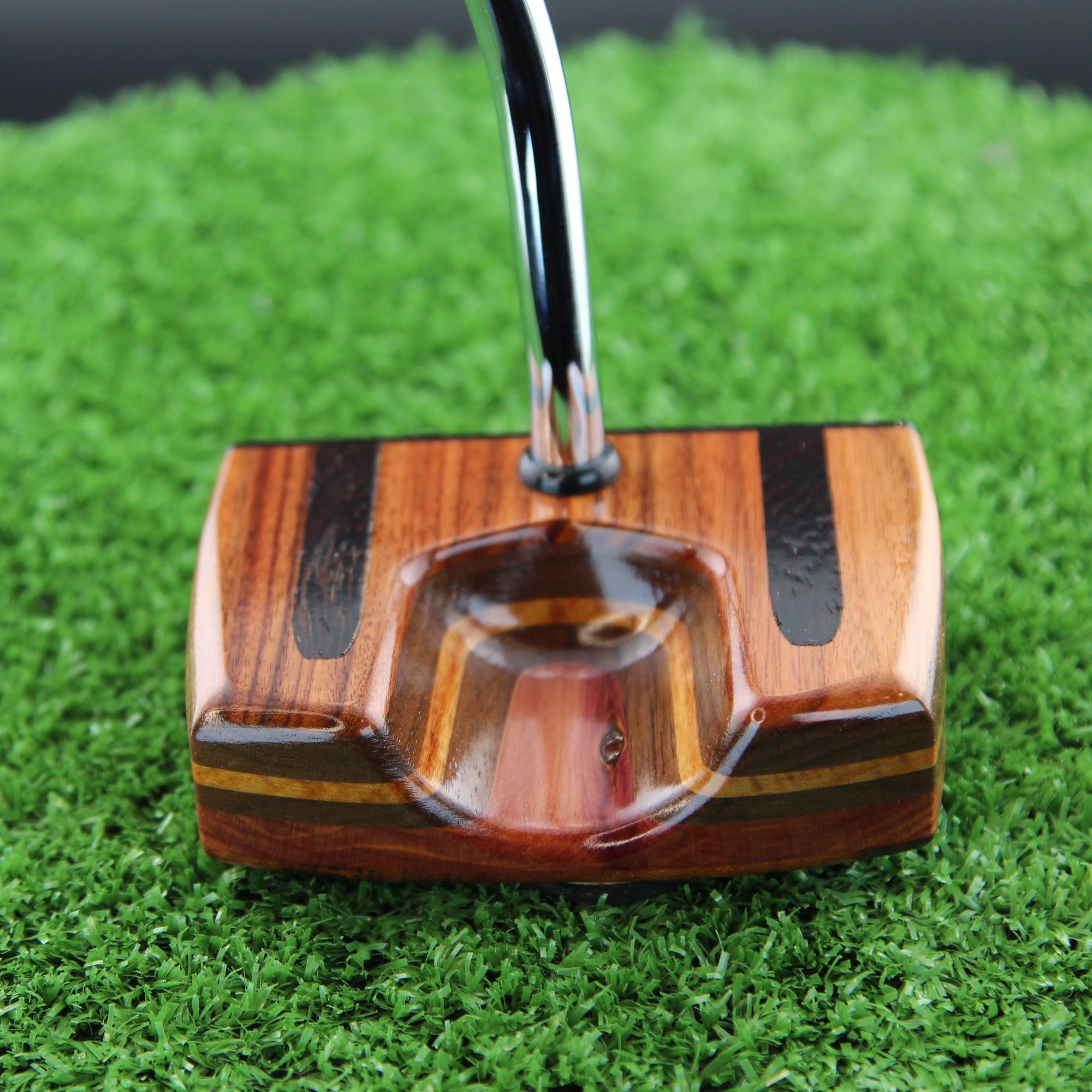 TimberTouch Tuxedo blade wood putter with Tigerwood, Rosewood and Walnut center shaft zero torque – toe view