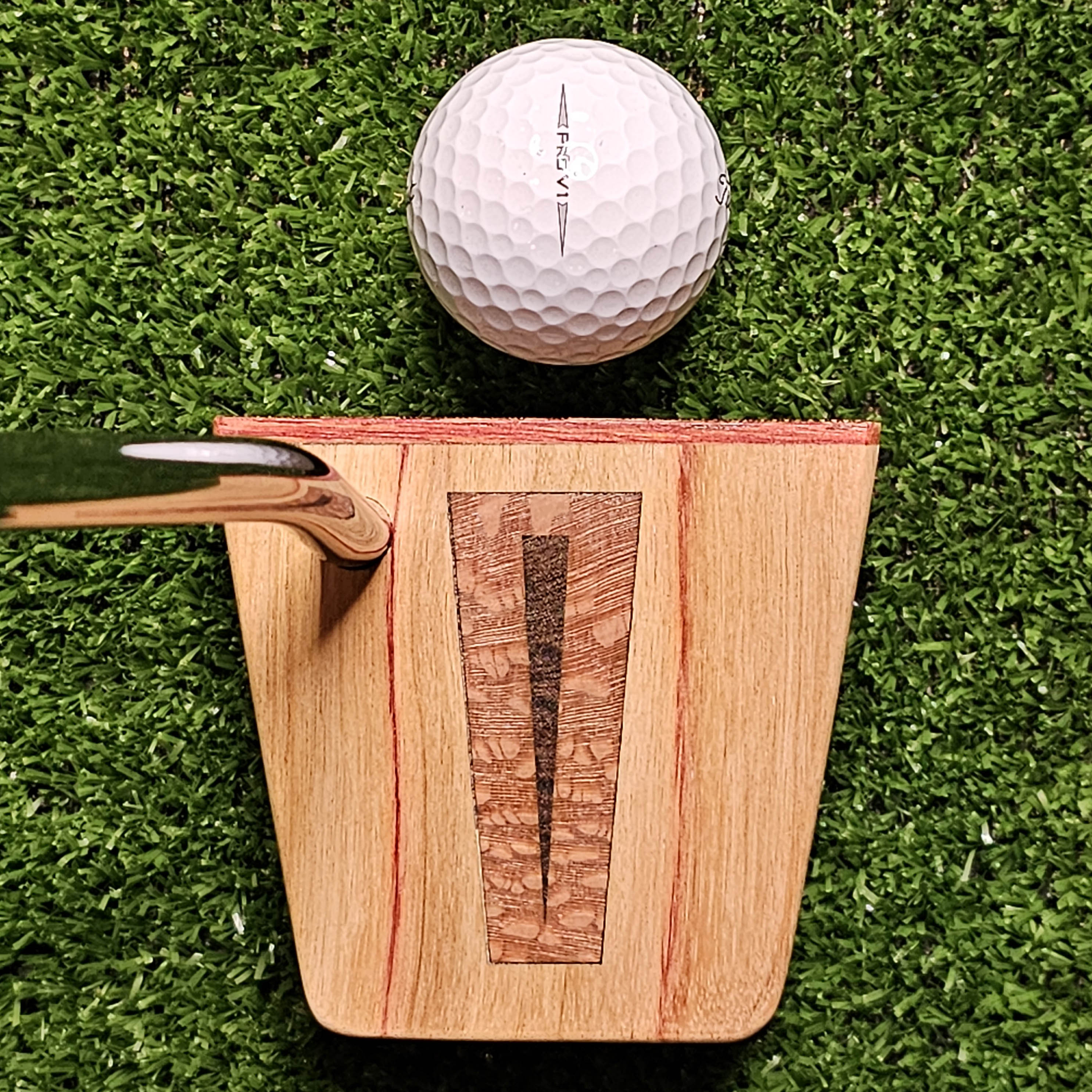 Canarywood top and faceplate putter with hard maple body and lacewood inlay