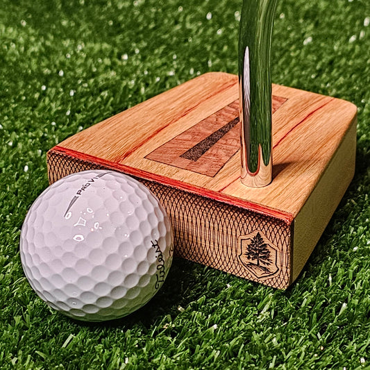 Canarywood top and faceplate putter with hard maple body and lacewood inlay