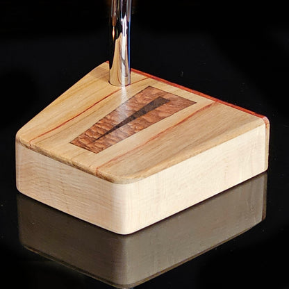 Canarywood top and faceplate putter with hard maple body and lacewood inlay