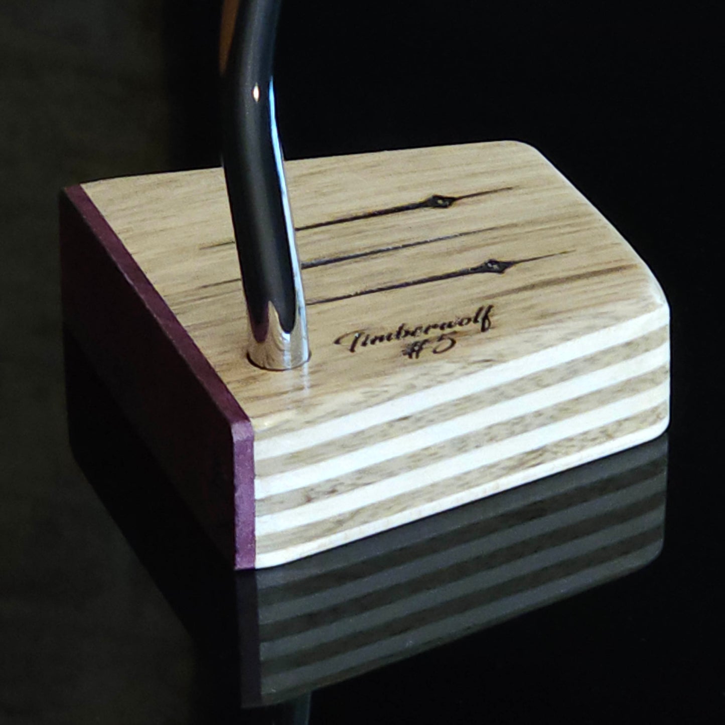 Black Limba wood and maple layered putter with purpleheart faceplate