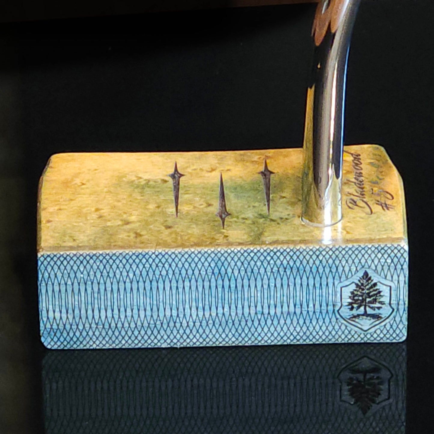 Hard Curly Oak body putter with Canarywood face and blue and yellow dye finish