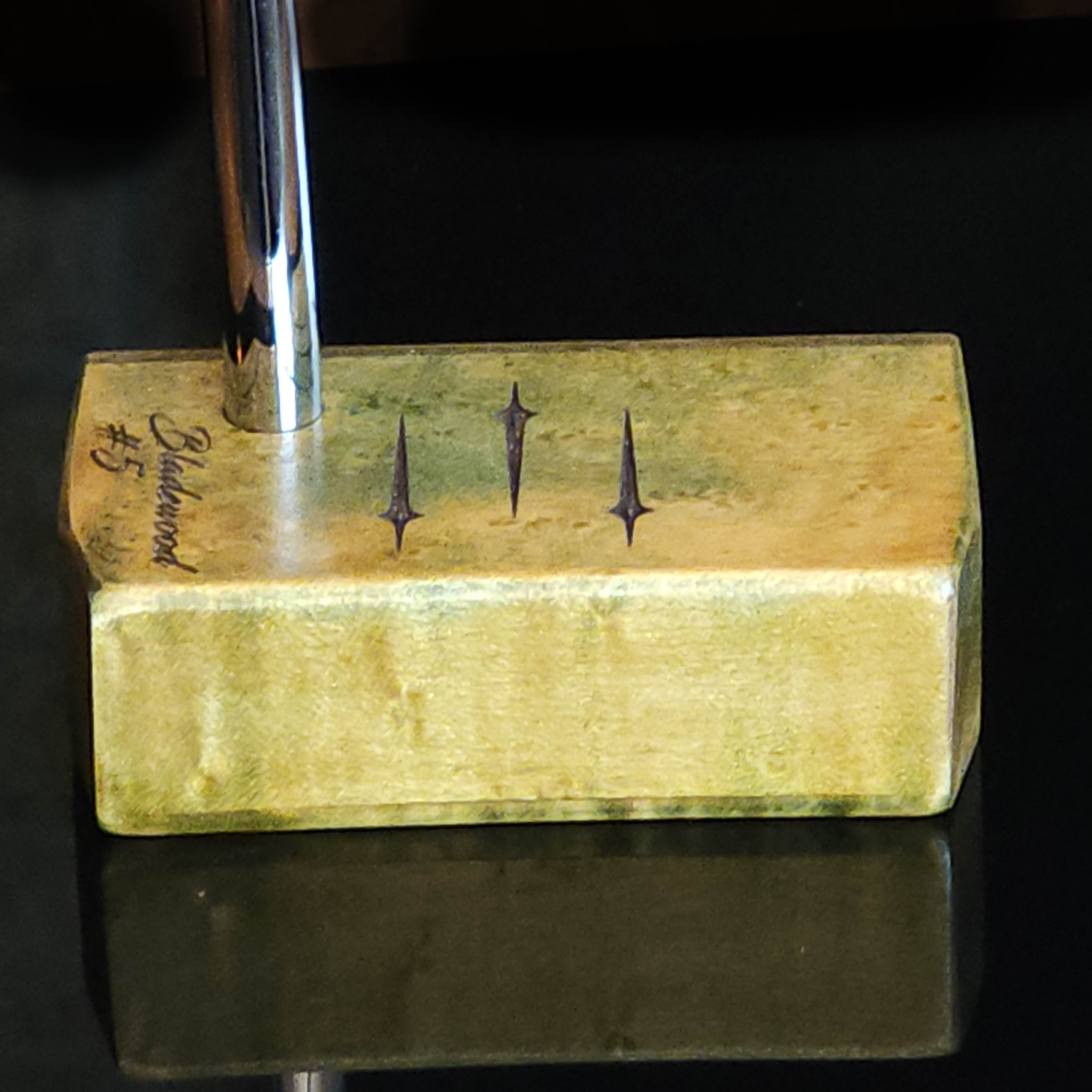 Hard Curly Oak body putter with Canarywood face and blue and yellow dye finish