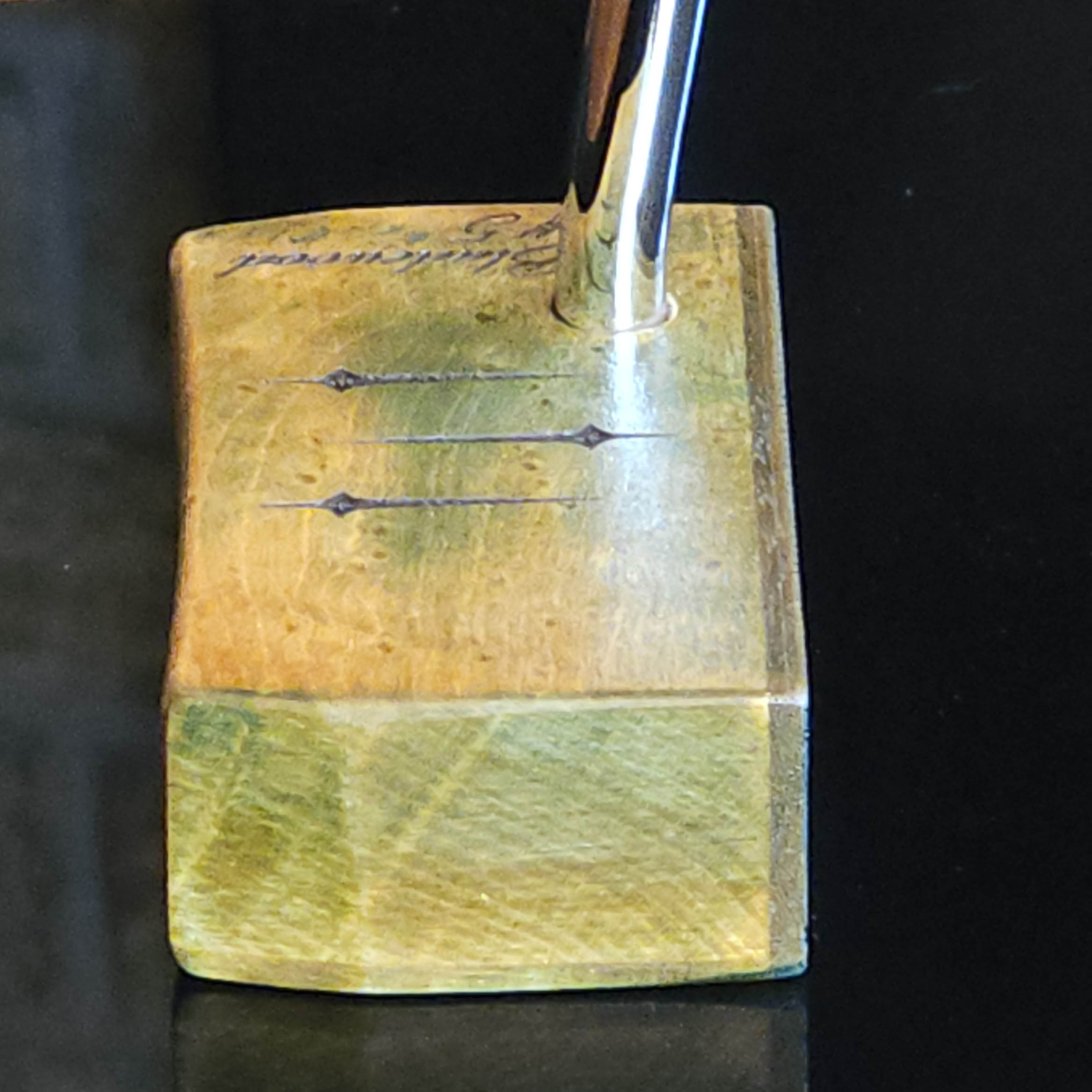 Hard Curly Oak body putter with Canarywood face and blue and yellow dye finish