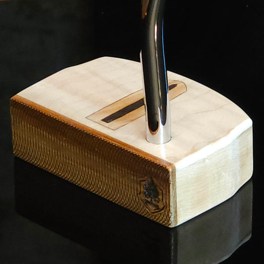 Curly Maple putter with canarywood faceplate and olivewood inlay