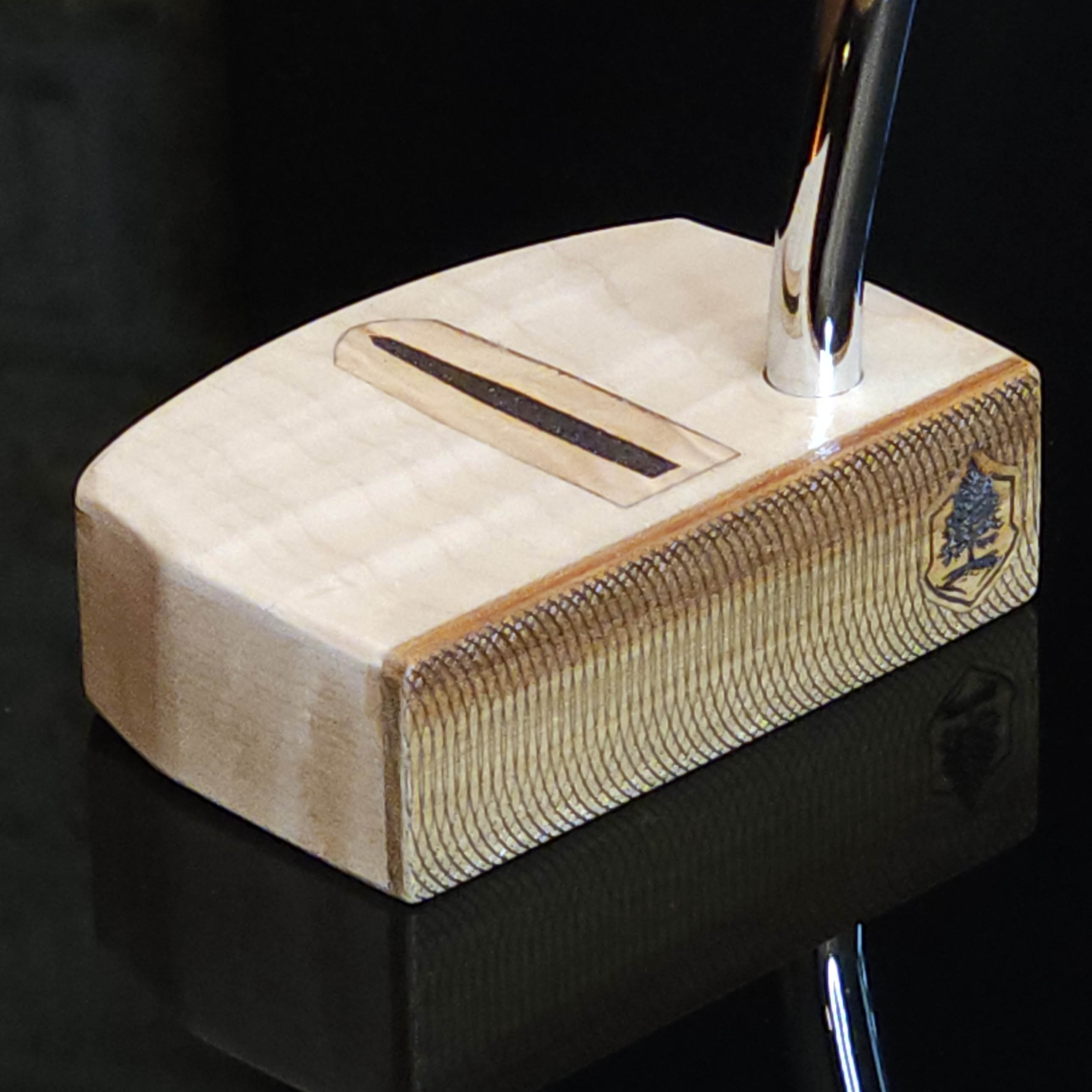 Curly Maple putter with Canarywood faceplate and olivewood inlay