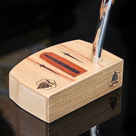 Curly Maple putter with Canarywood top and faceplate with Paduak Inlay