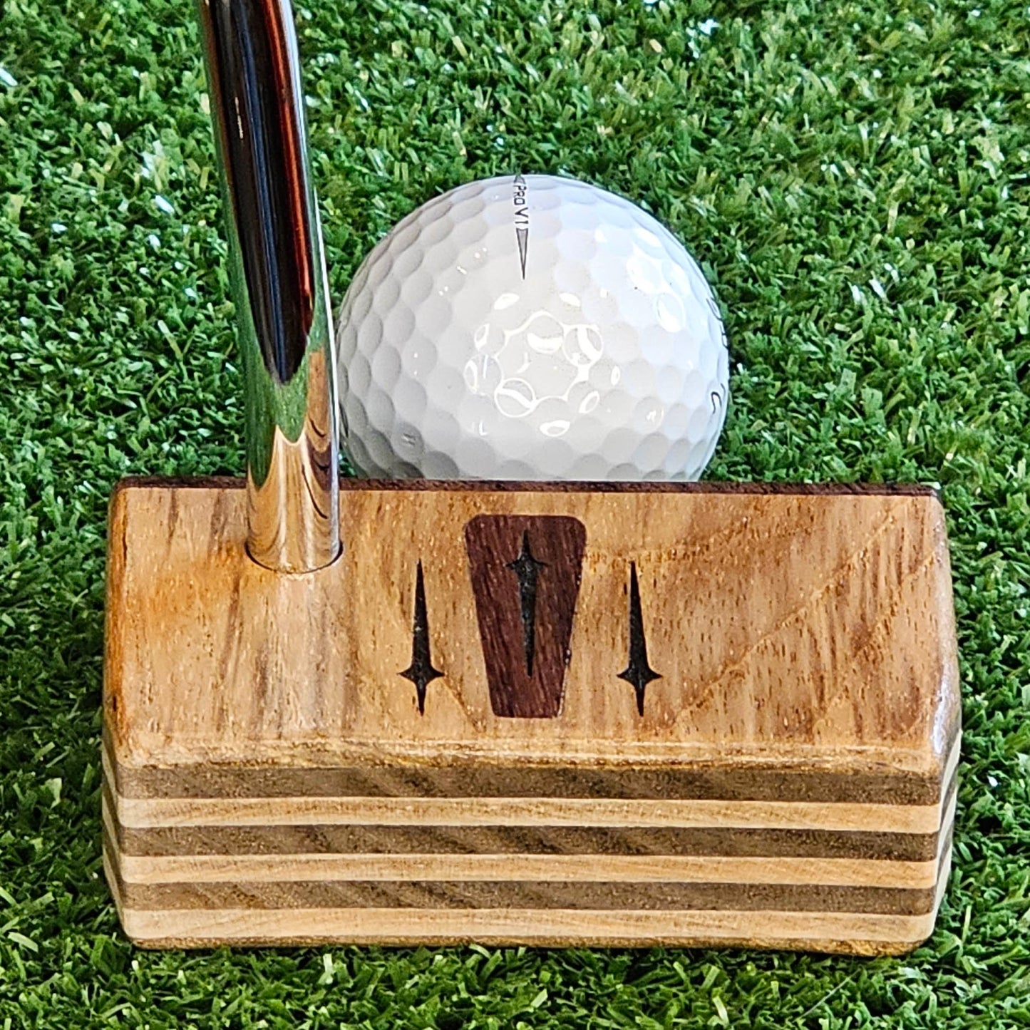 Teak, walnut and butternut layered putter with rare Bocote inlay and face