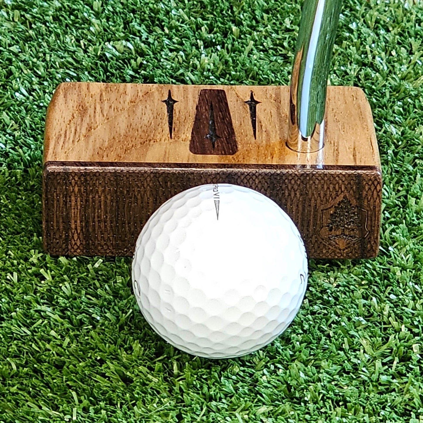 Teak, walnut and butternut layered putter with rare Bocote inlay and face