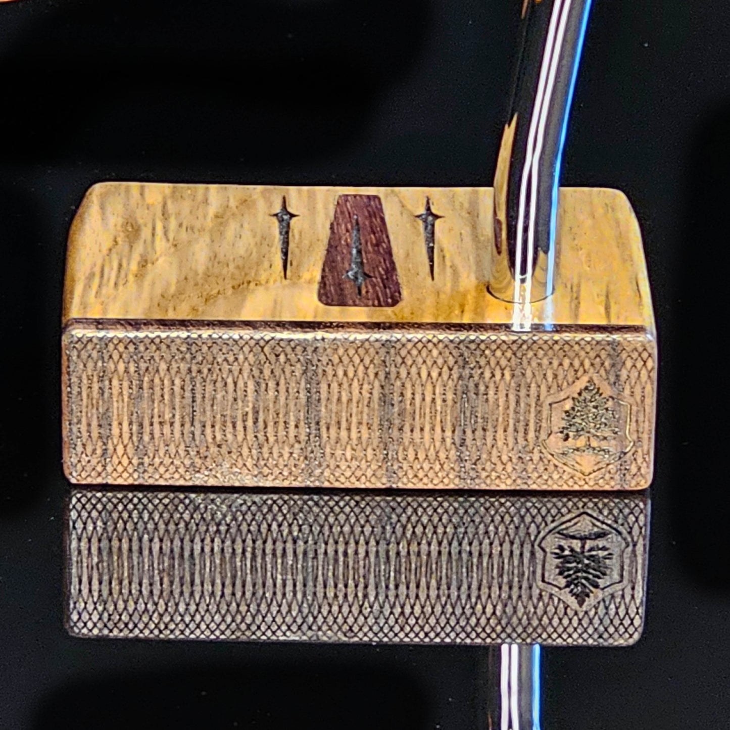 Teak, walnut and butternut layered putter with rare Bocote inlay and face