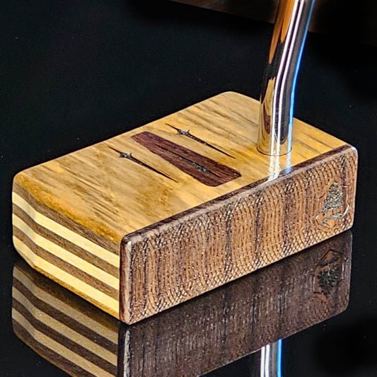 Teak, walnut and butternut layered putter with rare Bocote inlay and face