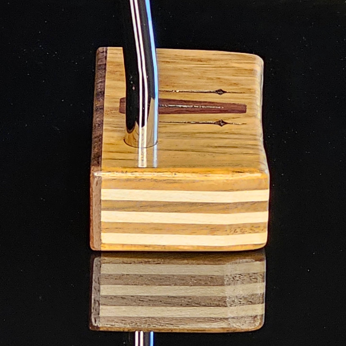 Teak, walnut and butternut layered putter with rare Bocote inlay and face