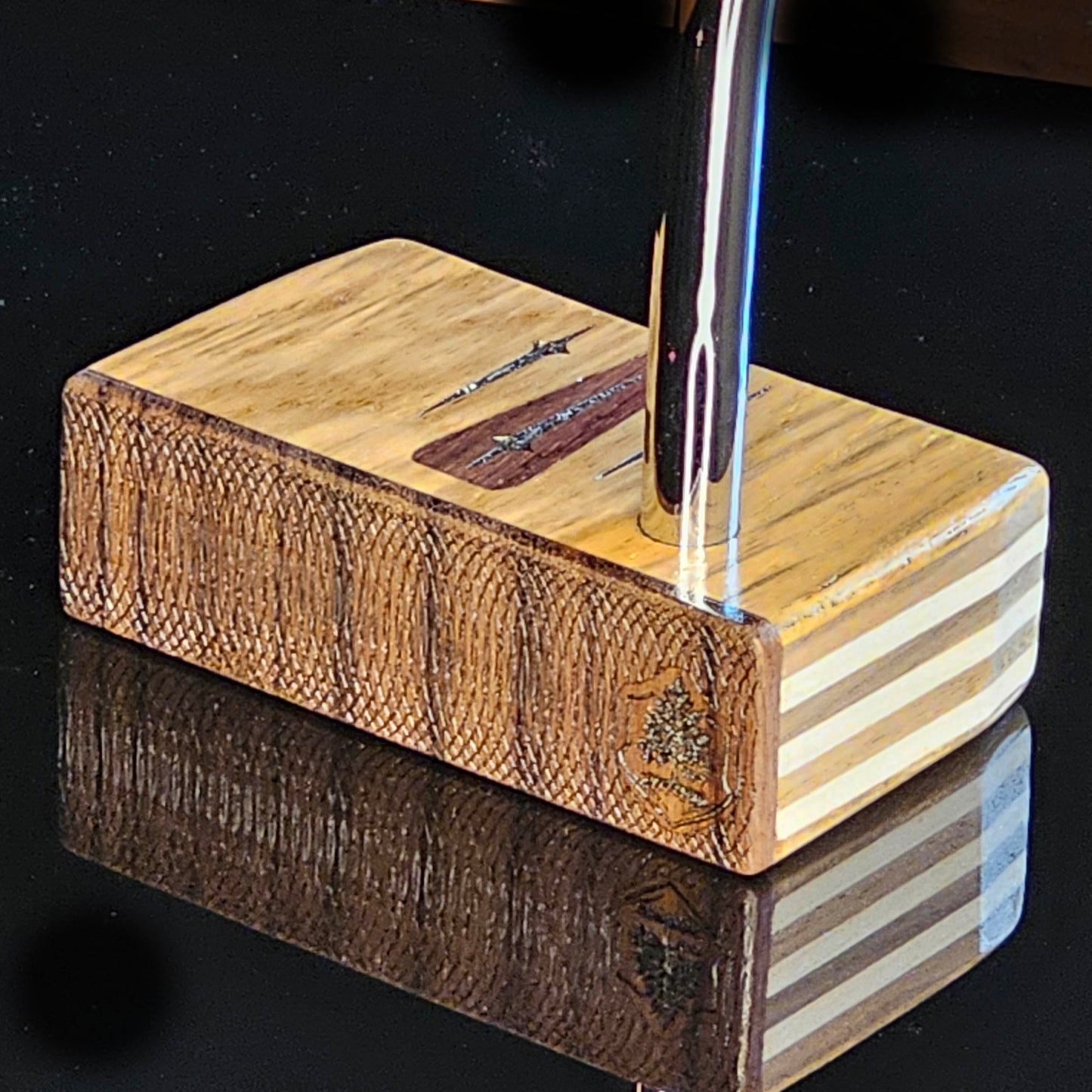 Teak, walnut and butternut layered putter with rare Bocote inlay and face