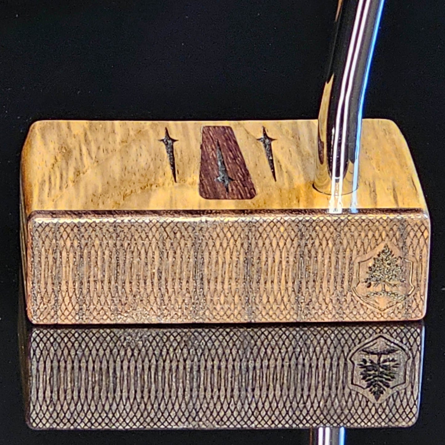 Teak, walnut and butternut layered putter with rare Bocote inlay and face