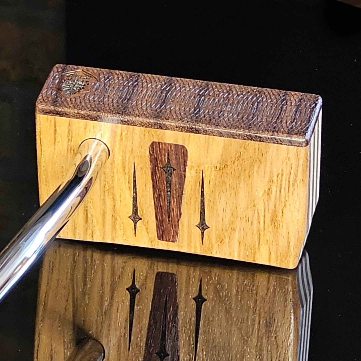 Teak, walnut and butternut layered putter with rare Bocote inlay and face