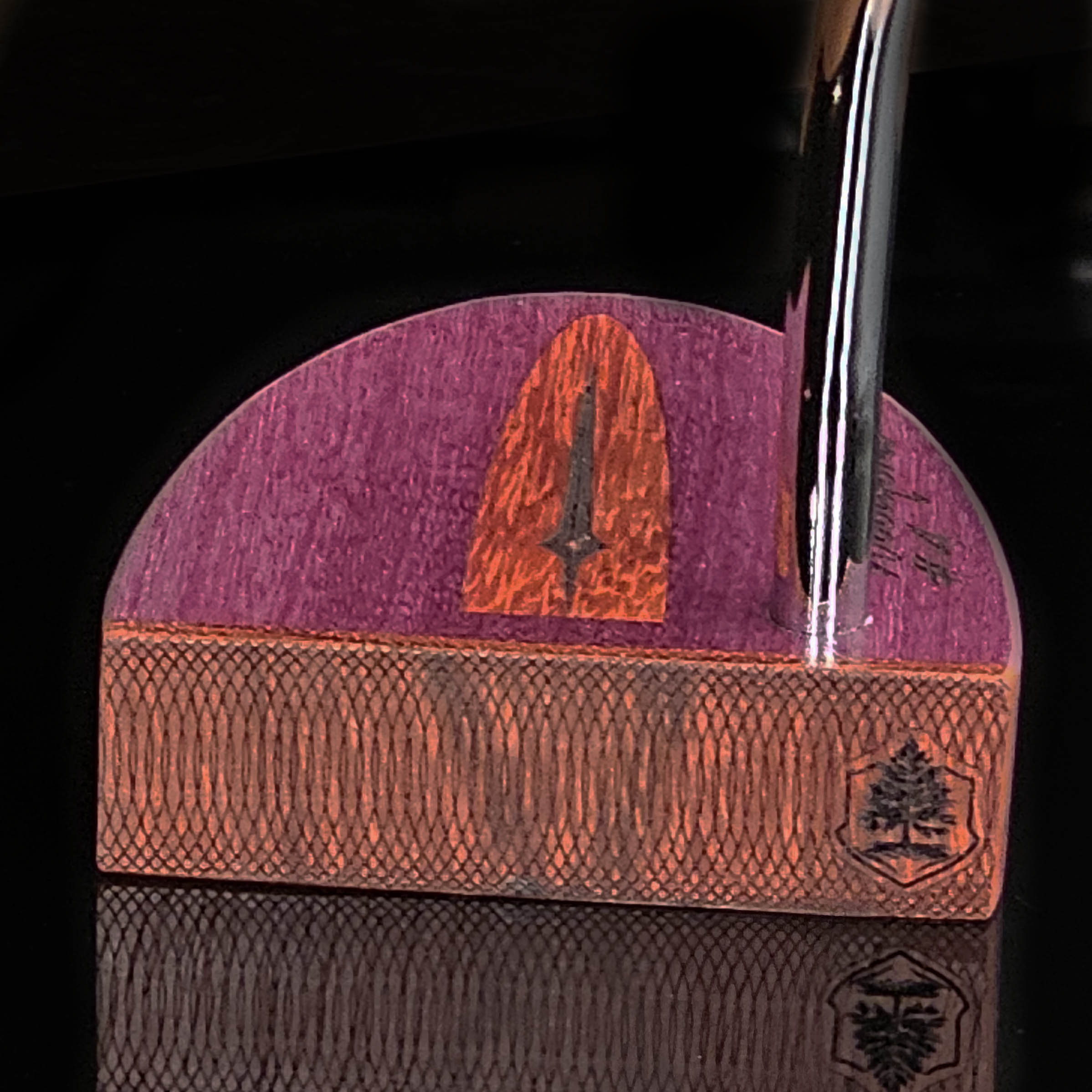 Purpleheart wood putter with Paduak wood inlay and faceplate