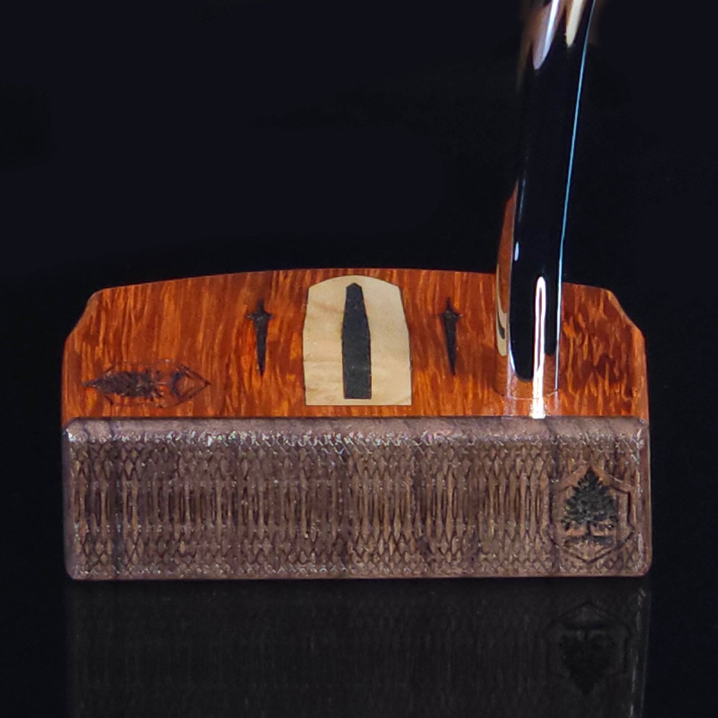 Paduak and Bubinga wood putter with many wood plied body, Olivewood inlay