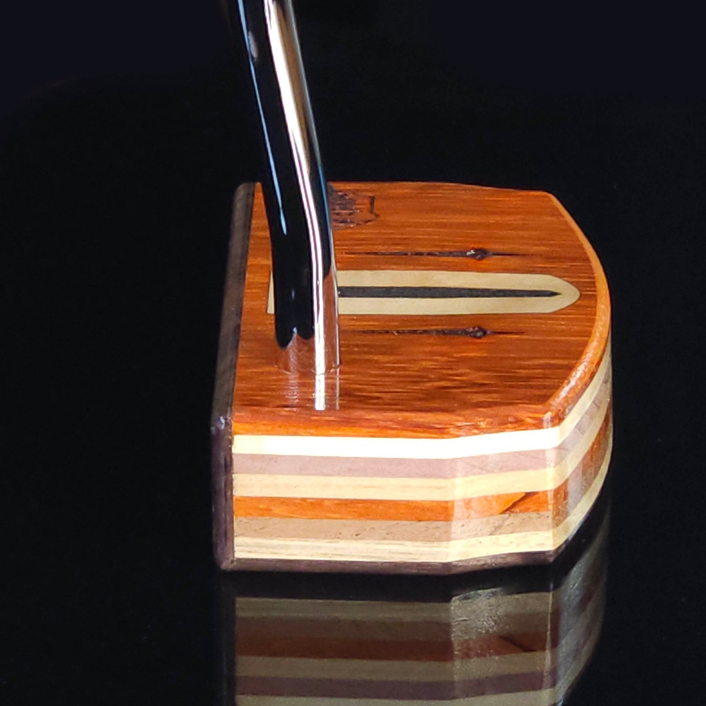 Paduak and Bubinga wood putter with many wood plied body, Olivewood inlay