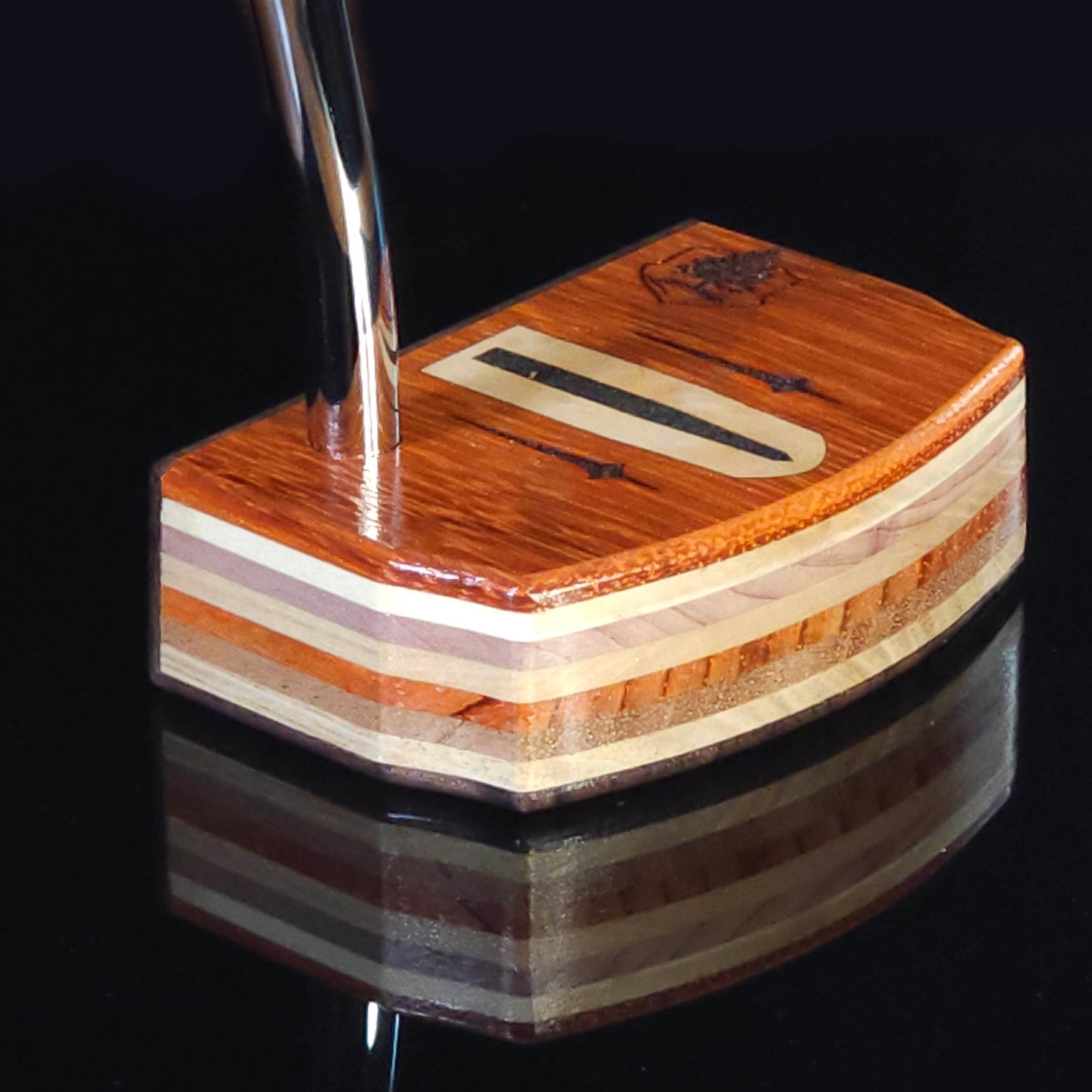 Paduak and Bubinga wood putter with many wood plied body, Olivewood inlay