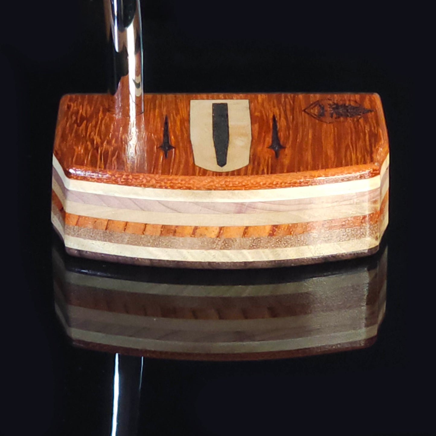 Paduak and Bubinga wood putter with many wood plied body, Olivewood inlay