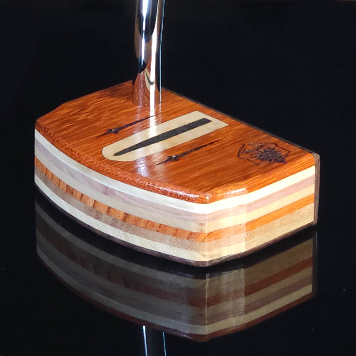 Paduak and Bubinga wood putter with many wood plied body, Olivewood inlay