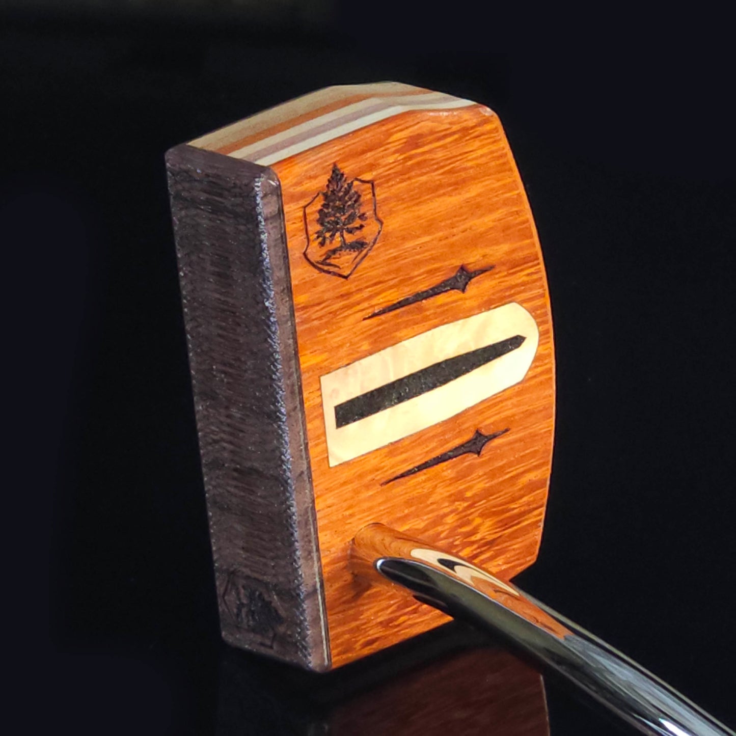 Paduak and Bubinga wood putter with many wood plied body, Olivewood inlay