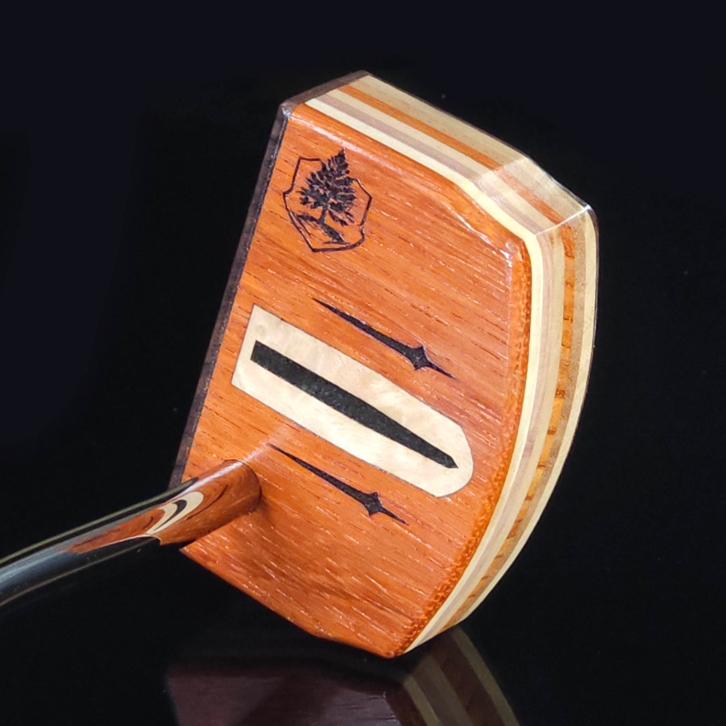 Paduak and Bubinga wood putter with many wood plied body, Olivewood inlay